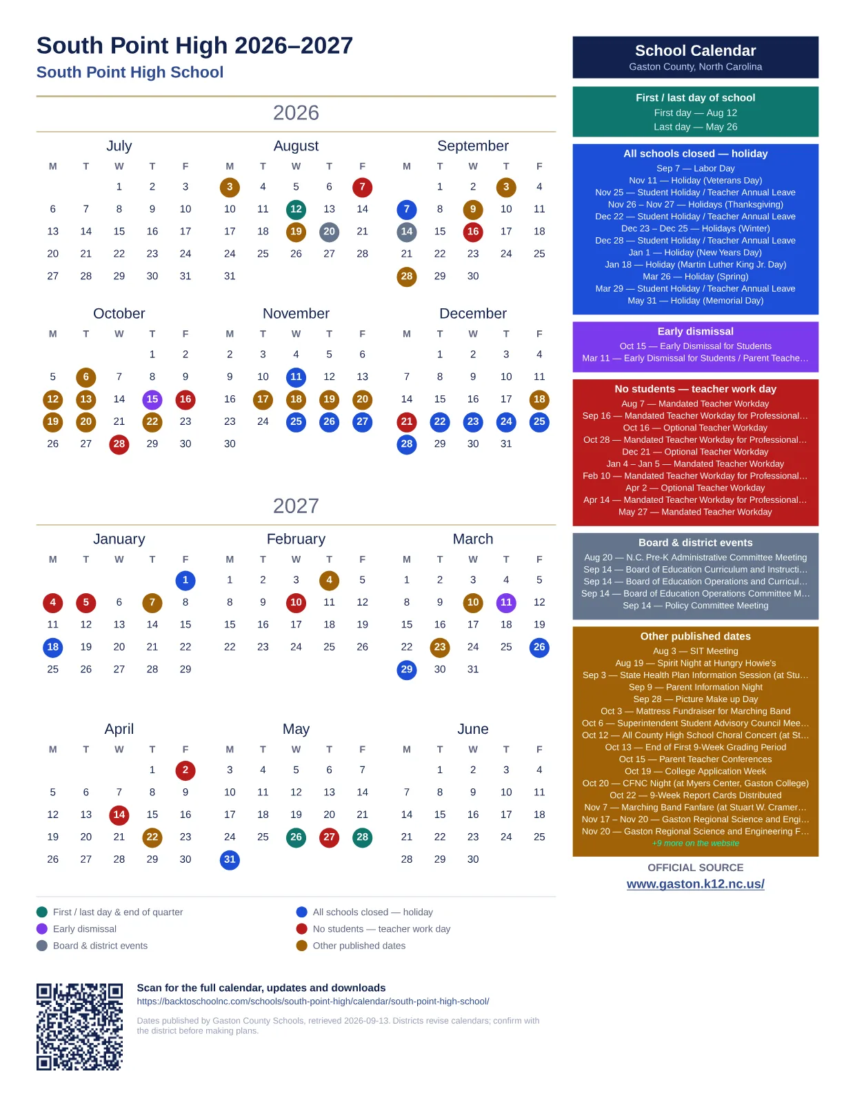 South Point High 2026–2027 printable calendar