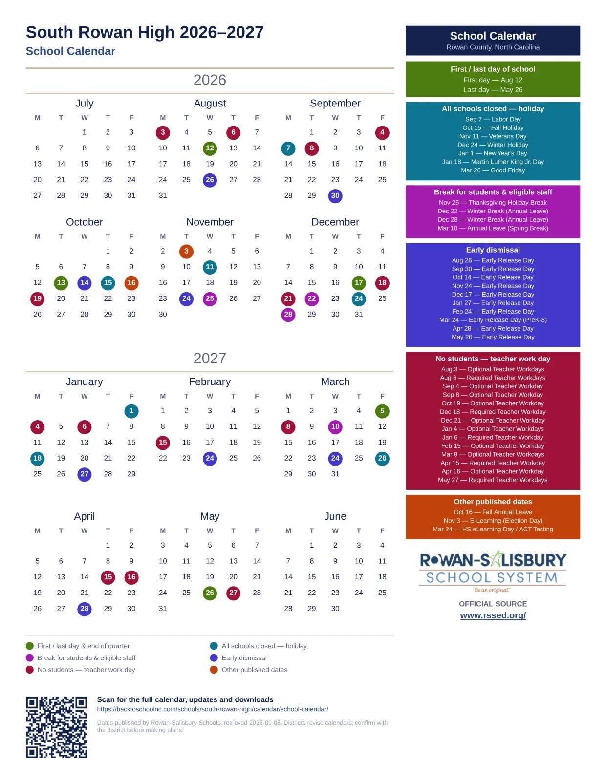 South Rowan High 2026–2027 printable calendar