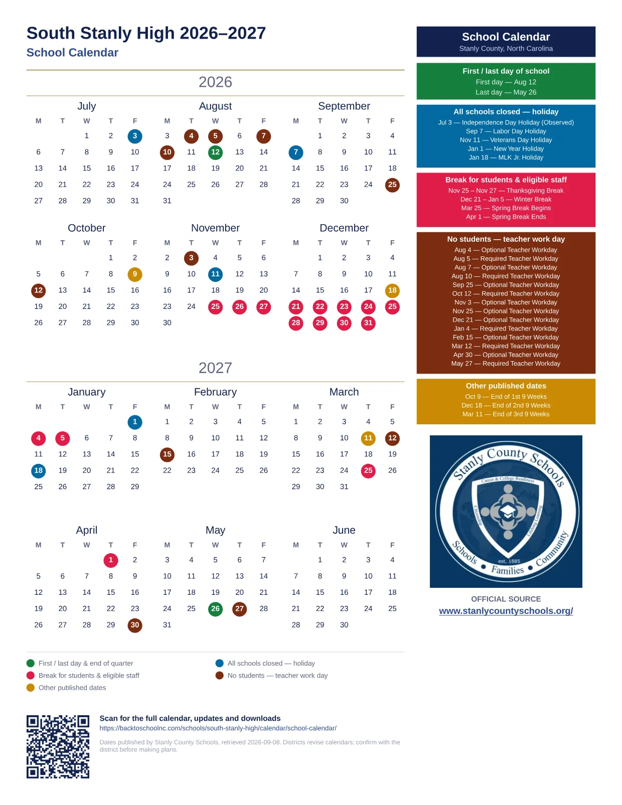 South Stanly High 2026–2027 printable calendar