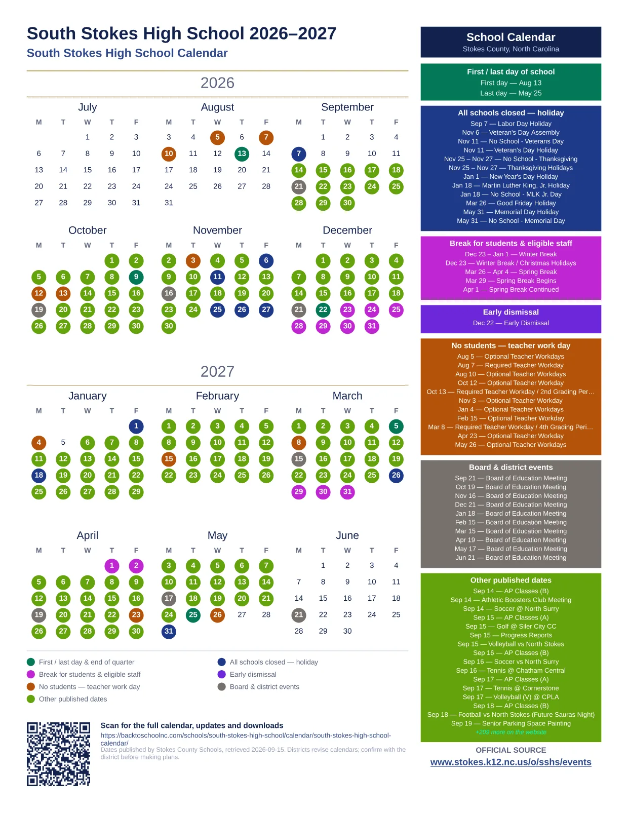 South Stokes High School 2026–2027 printable calendar