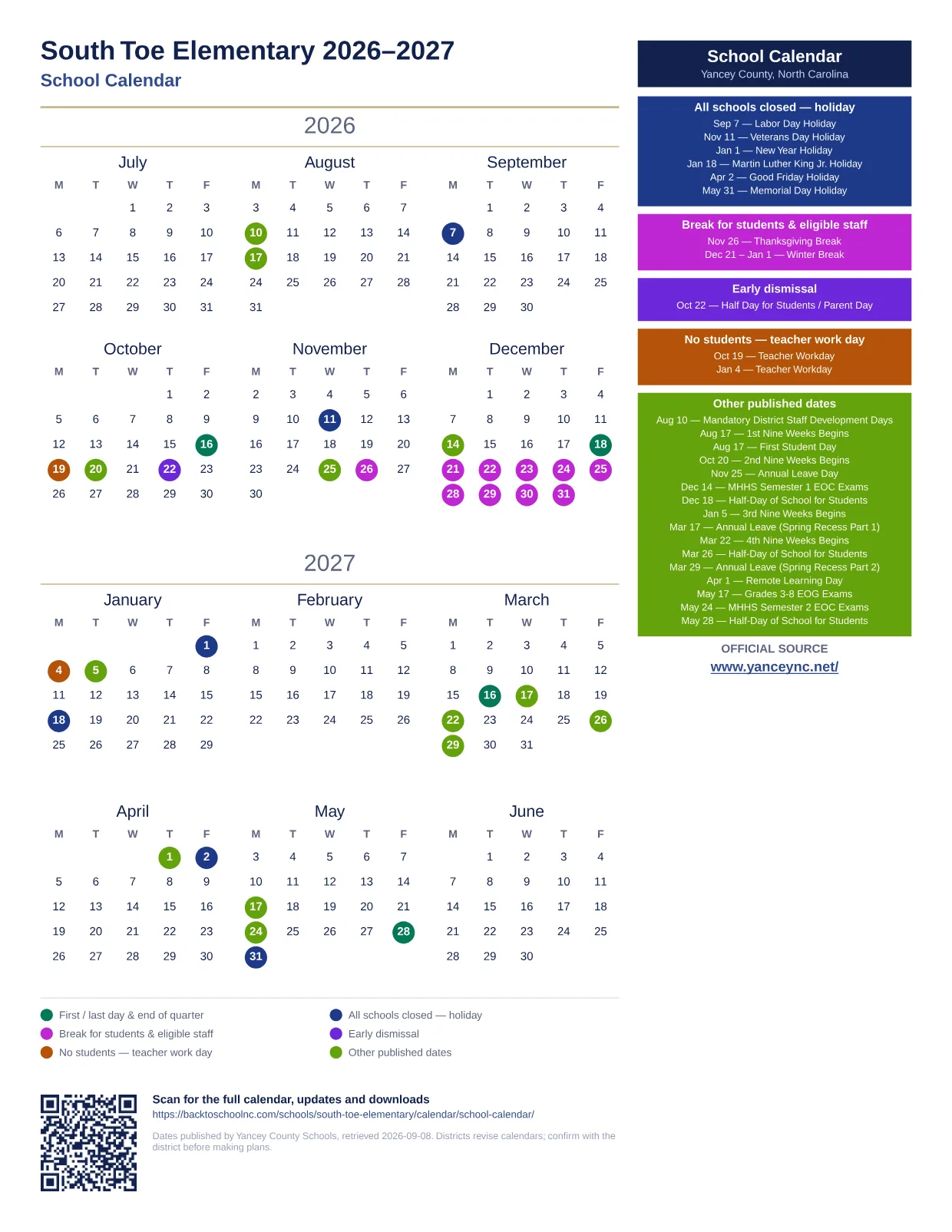 South Toe Elementary printable calendar