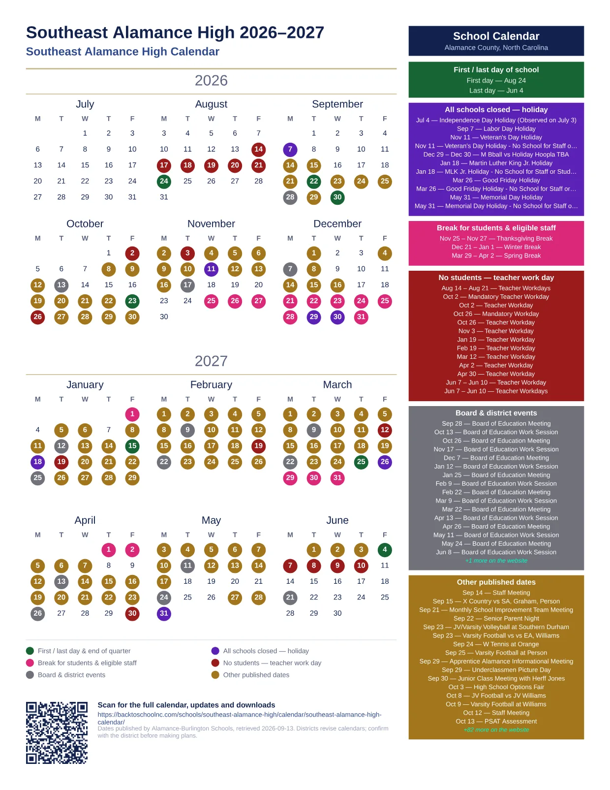 Southeast Alamance High 2026–2027 printable calendar