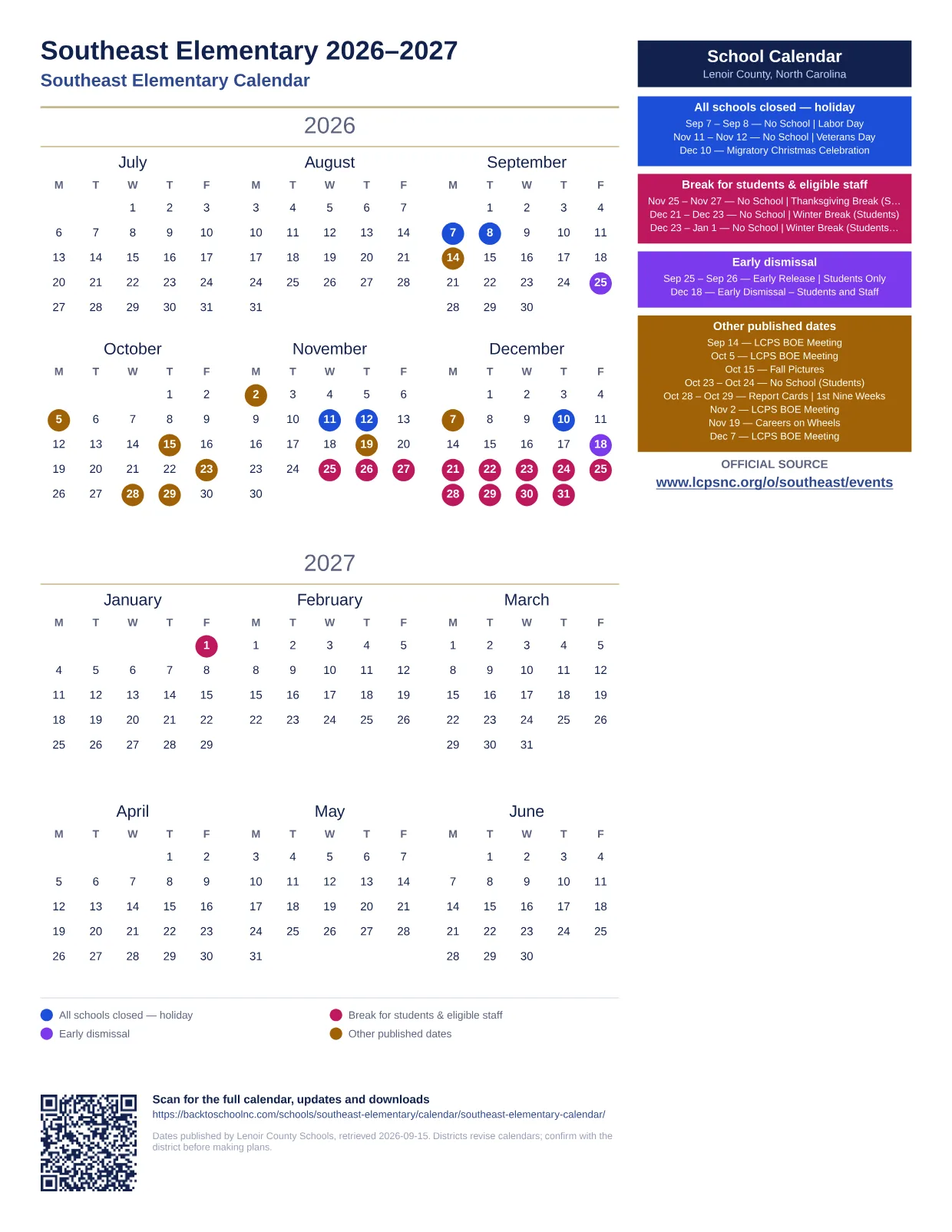 Southeast Elementary  printable calendar