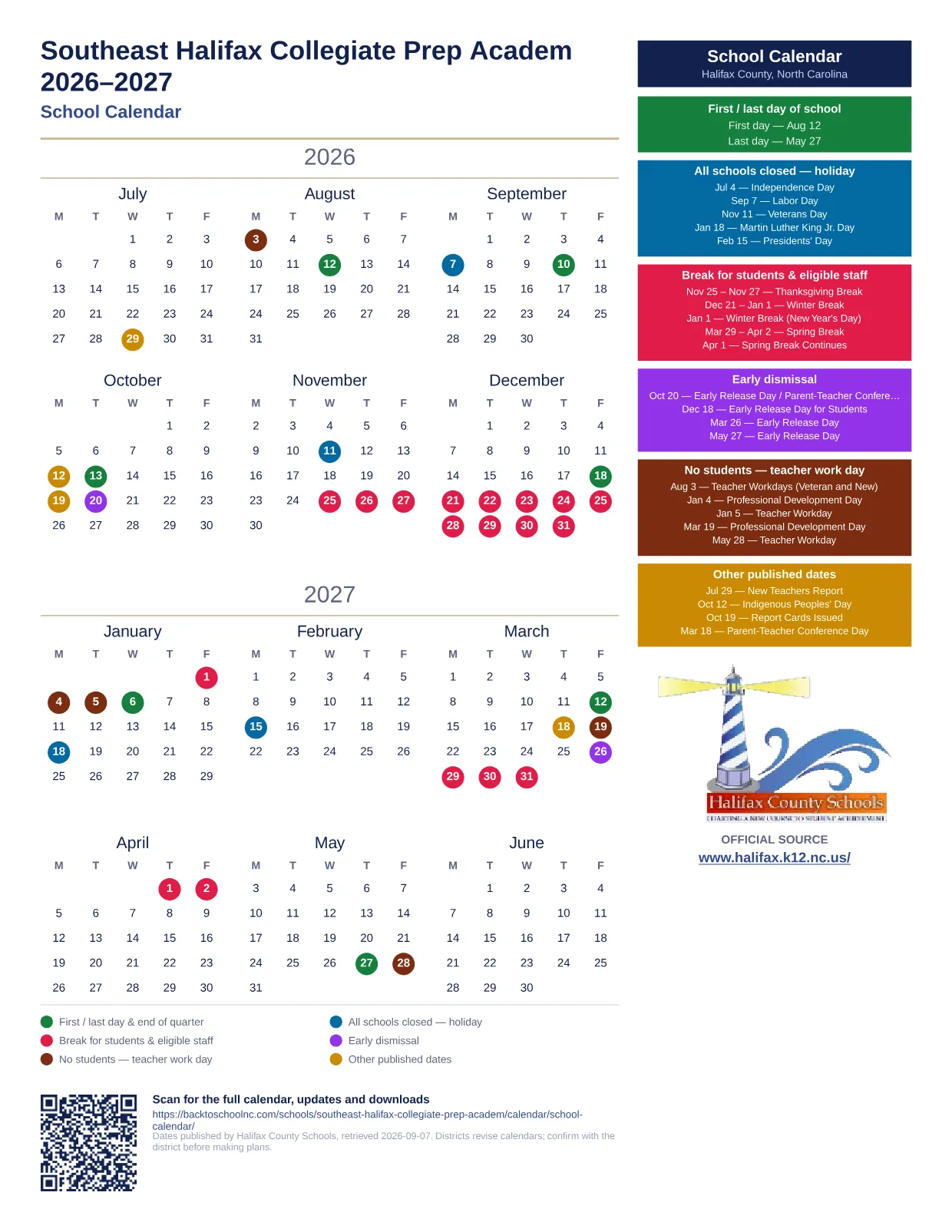Southeast Halifax Collegiate Prep Academ 2026–2027 printable calendar