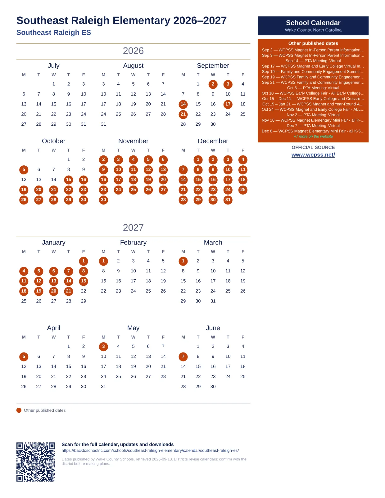 Southeast Raleigh Elementary  printable calendar