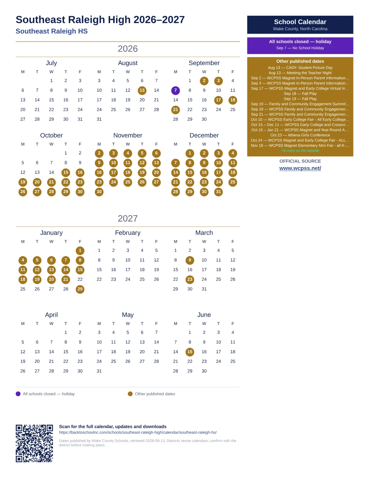 Southeast Raleigh High  printable calendar
