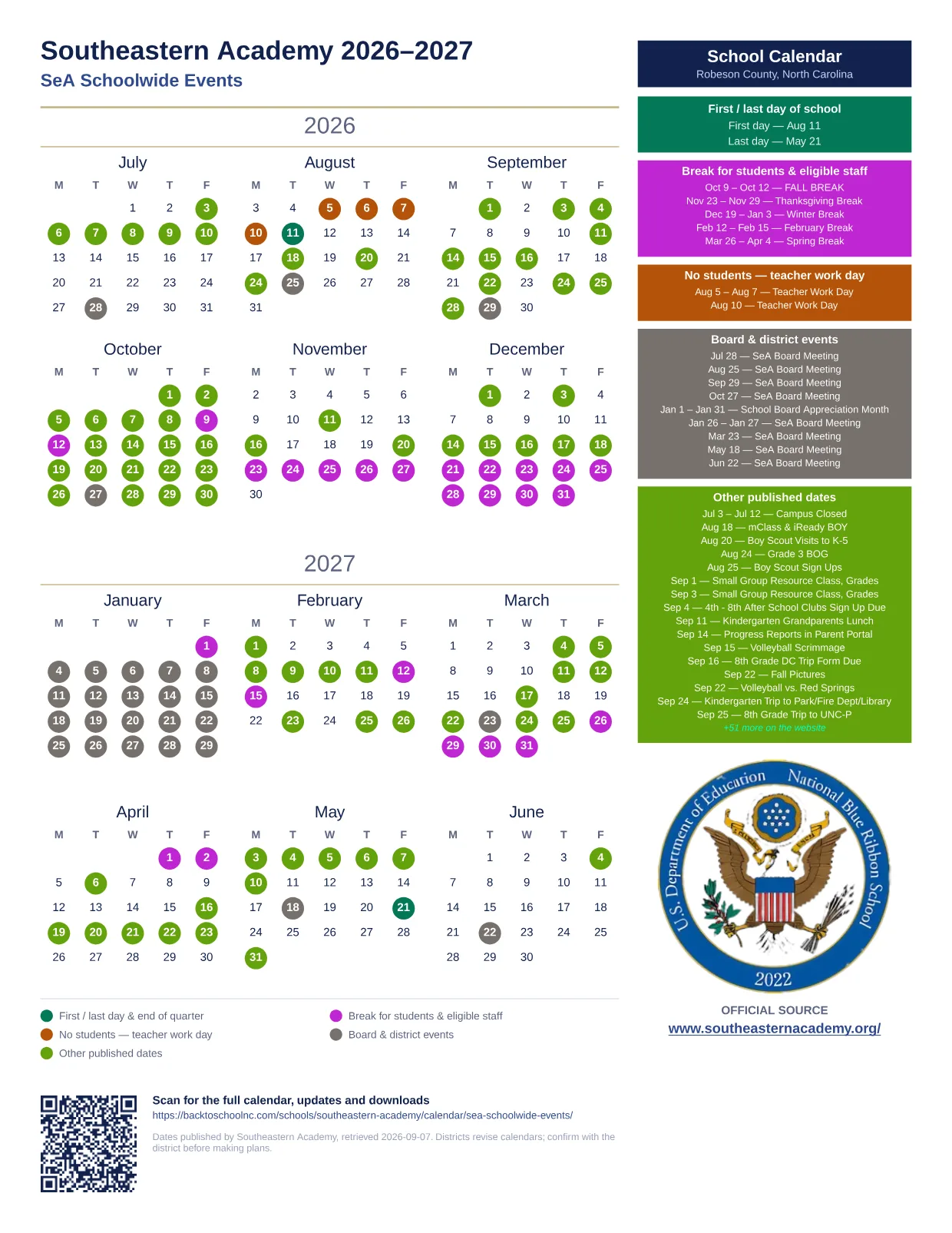 Southeastern Academy SeA Schoolwide Events  printable calendar