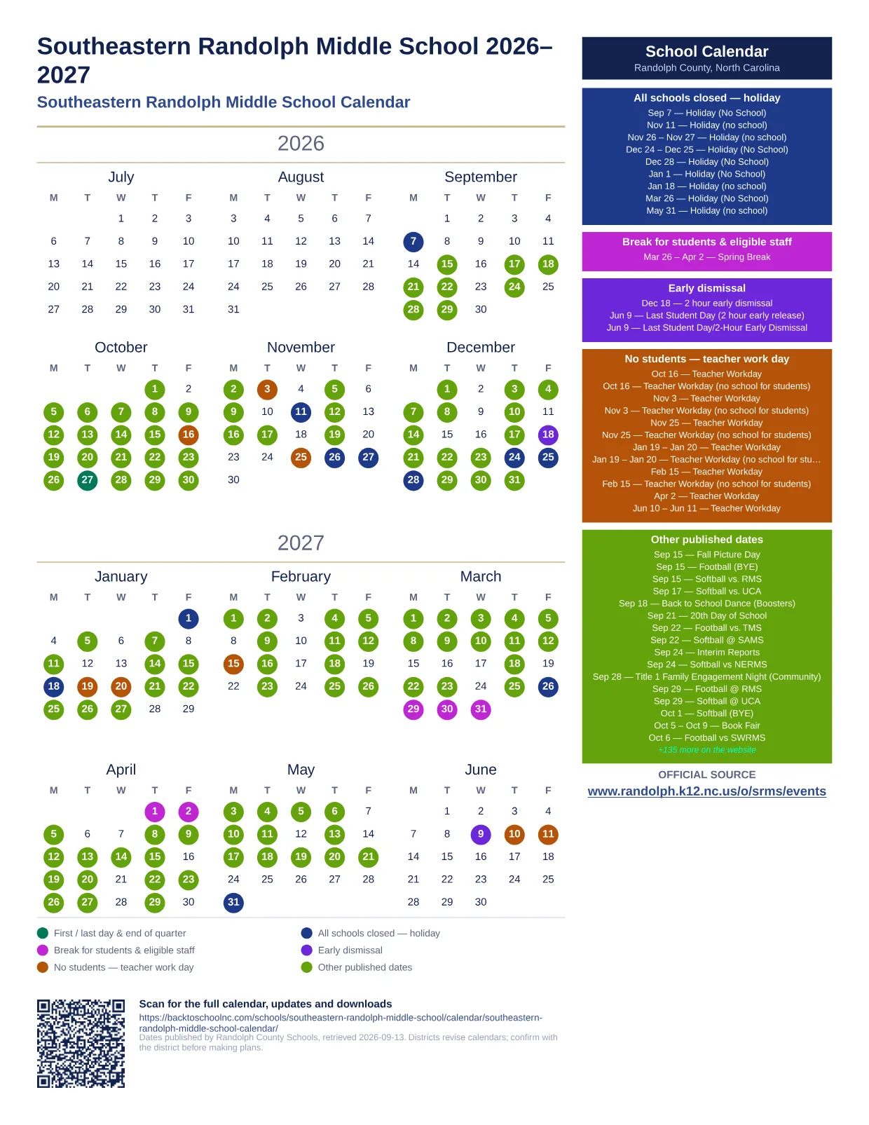 Southeastern Randolph Middle School  printable calendar