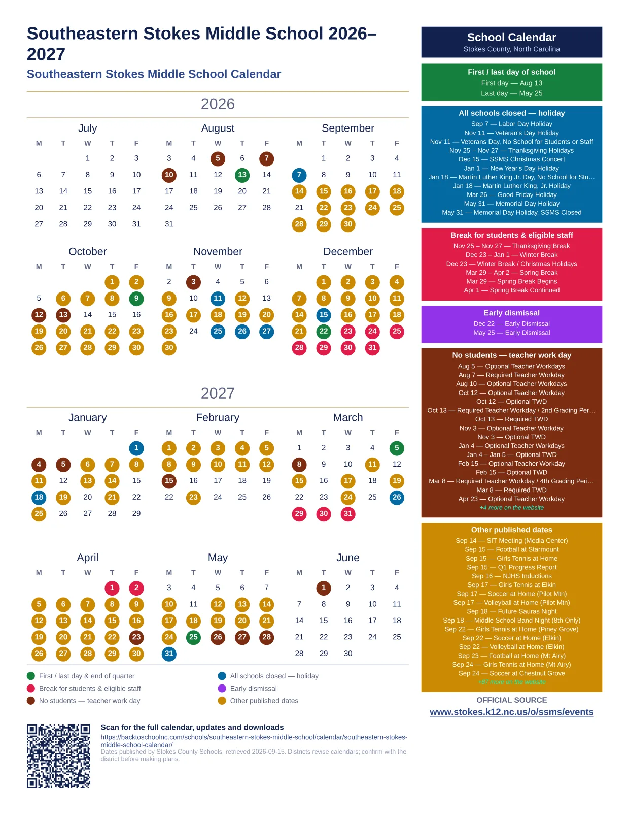 Southeastern Stokes Middle School 2026–2027 printable calendar