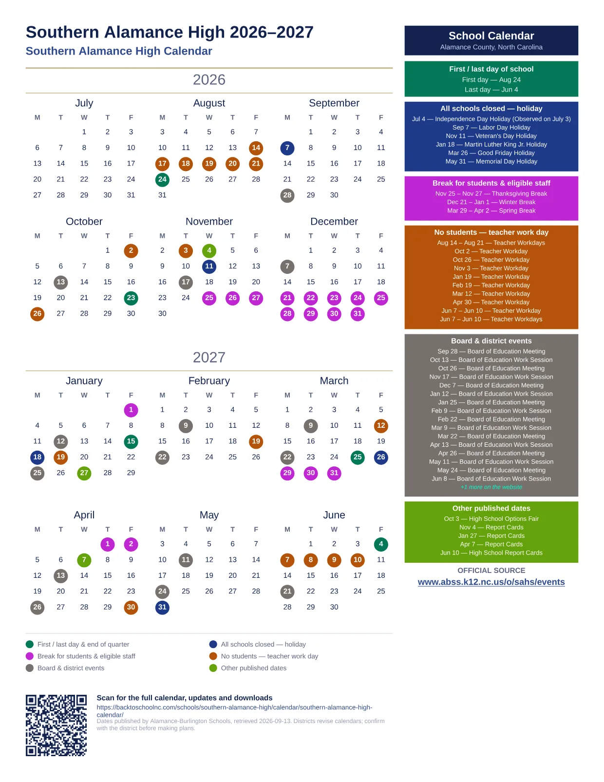Southern Alamance High 2026–2027 printable calendar