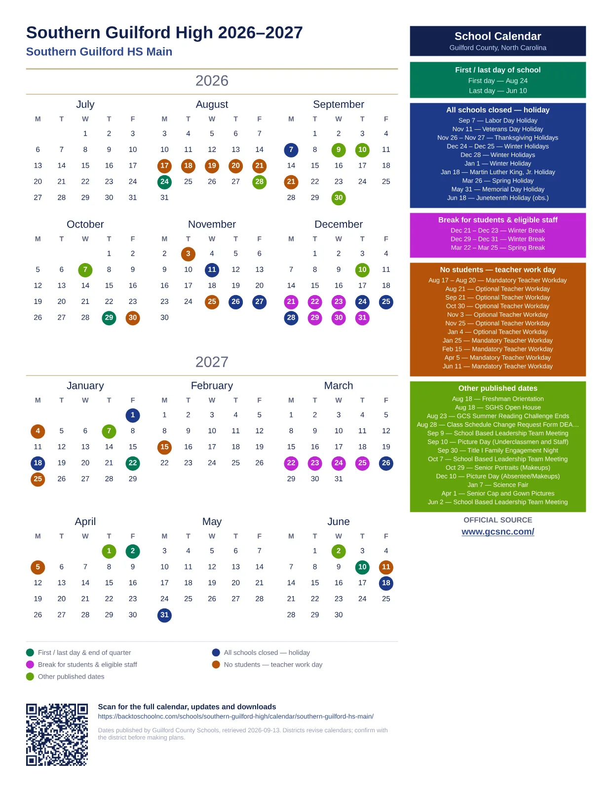 Southern Guilford High 2026–2027 printable calendar