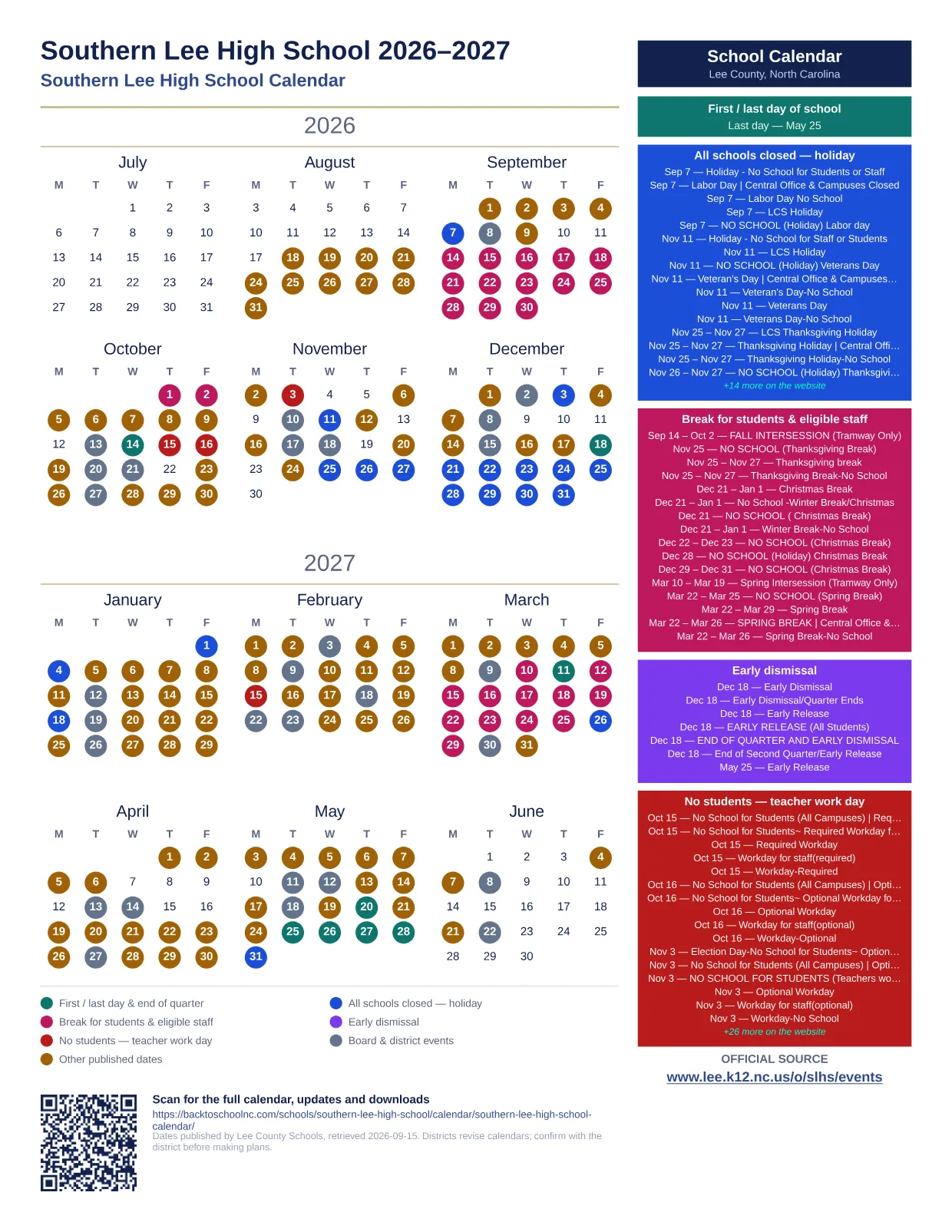 Southern Lee High School  printable calendar