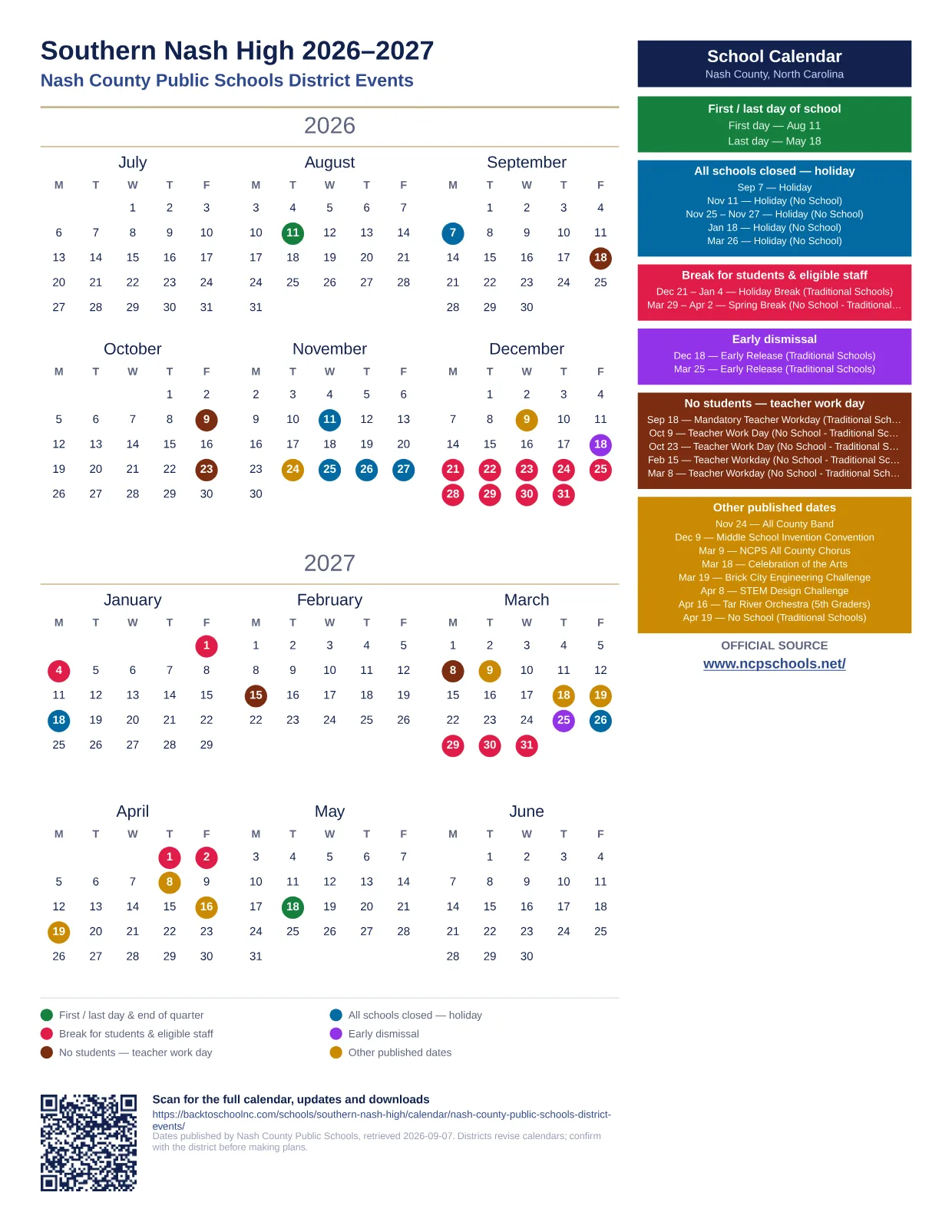 Southern Nash High 2026–2027 printable calendar