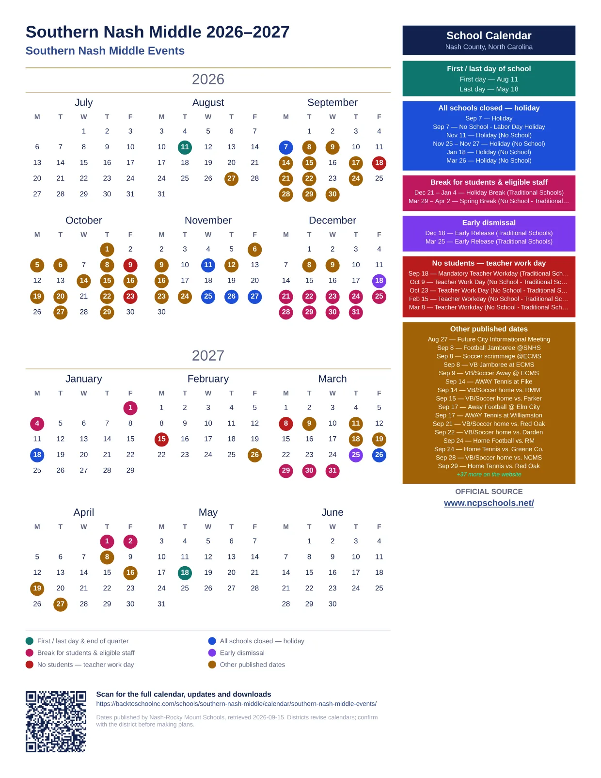 Southern Nash Middle 2026–2027 printable calendar