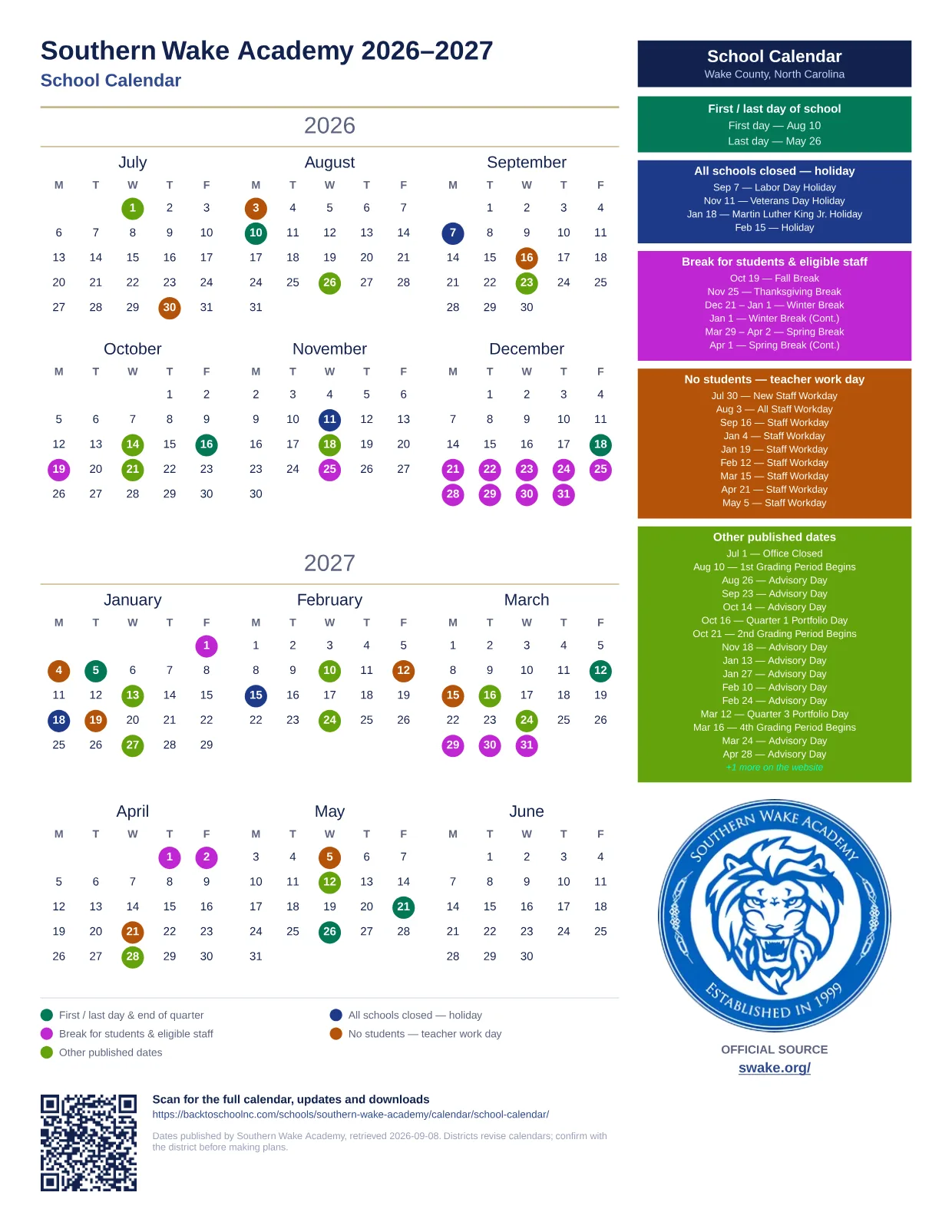 Southern Wake Academy School Calendar 2026–2027 printable calendar