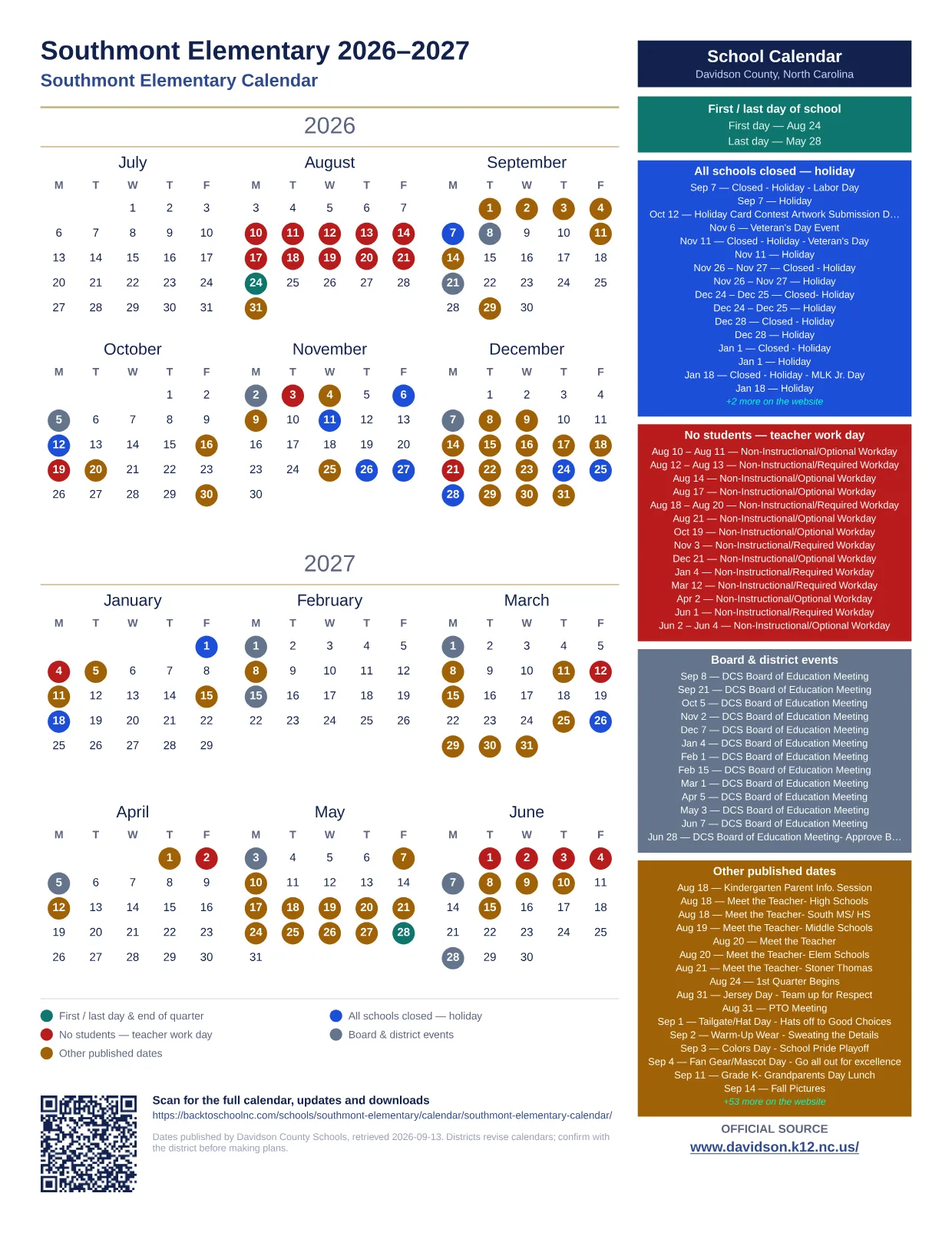 Southmont Elementary 2026–2027 printable calendar
