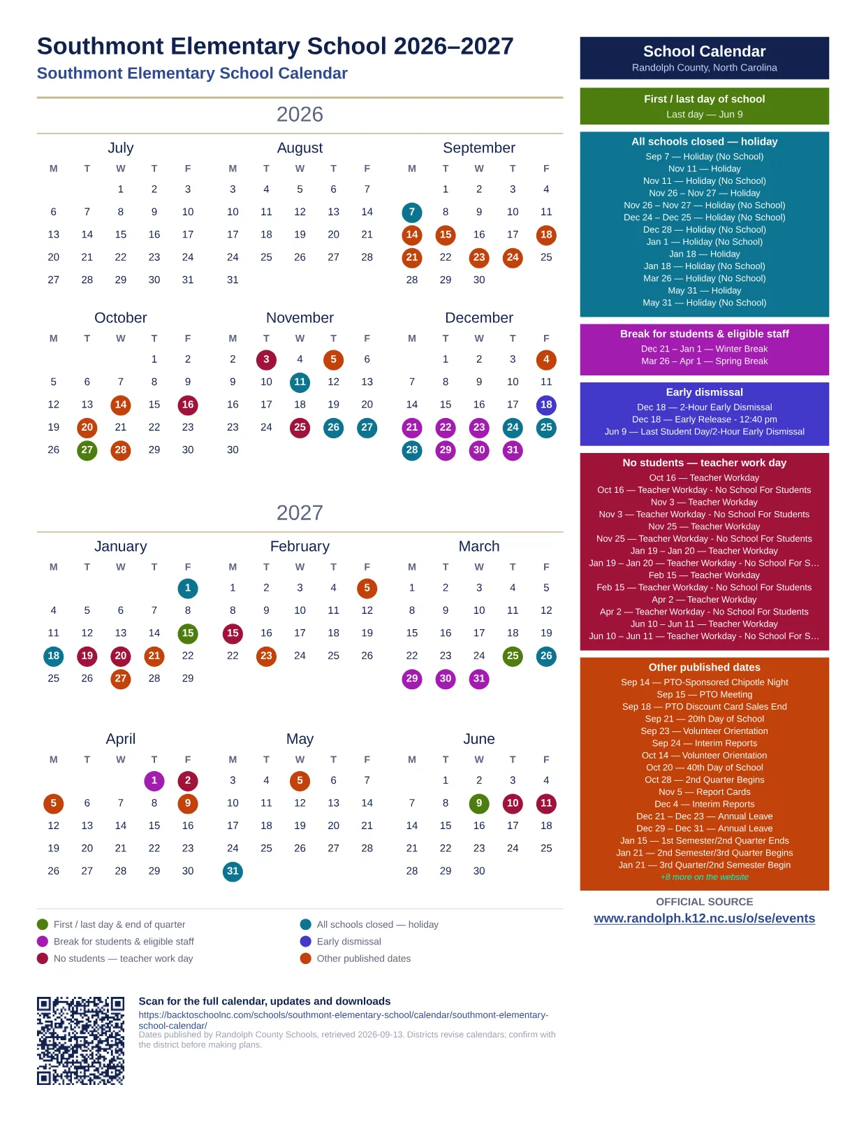 Southmont Elementary School  printable calendar