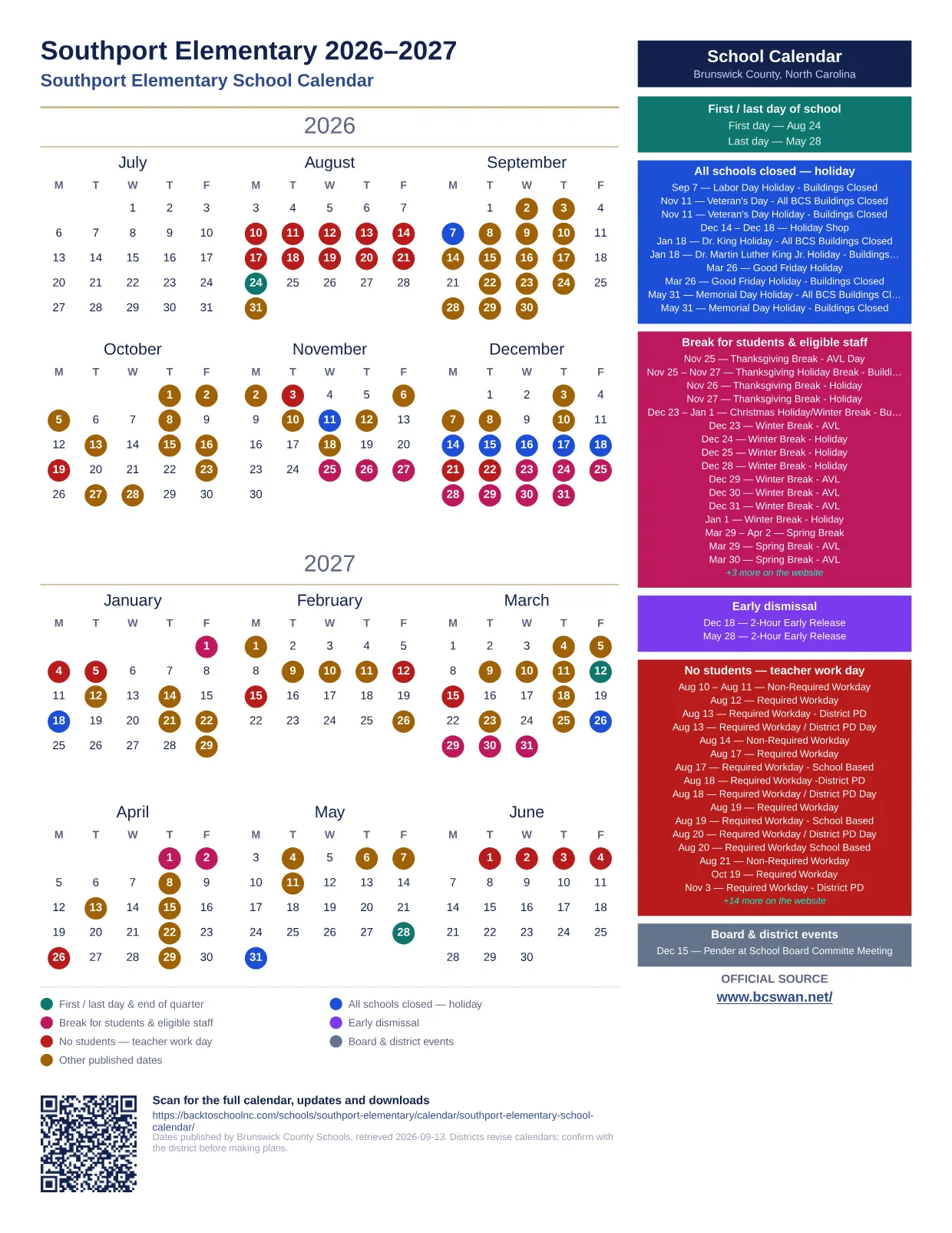 Southport Elementary 2026–2027 printable calendar