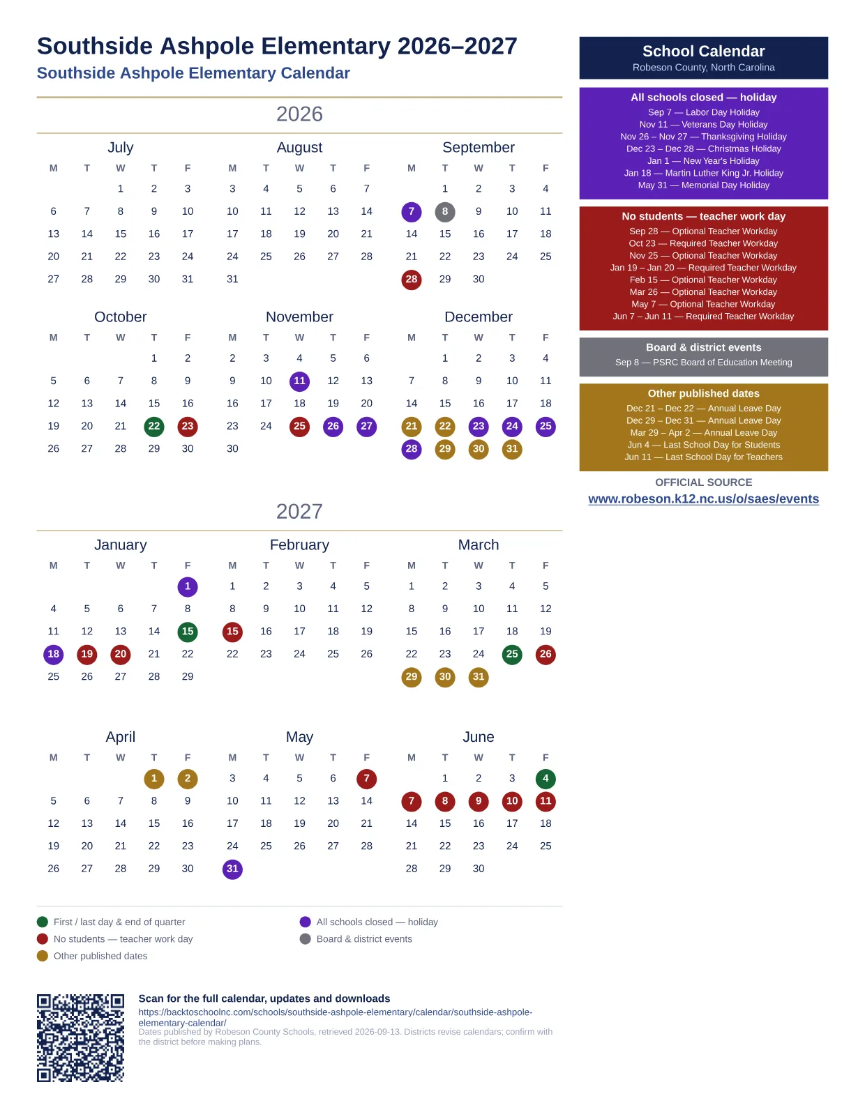 Southside Ashpole Elementary printable calendar