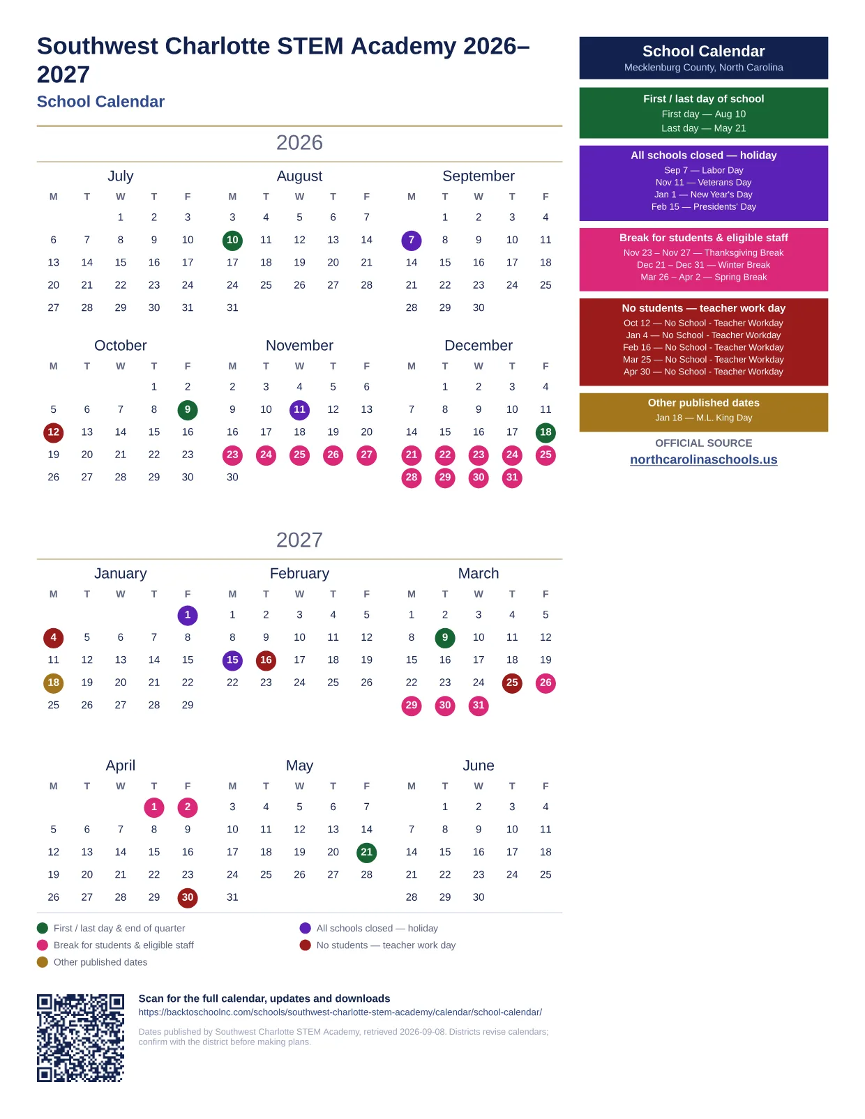 Southwest Charlotte STEM Academy School Calendar 2026–2027 printable calendar