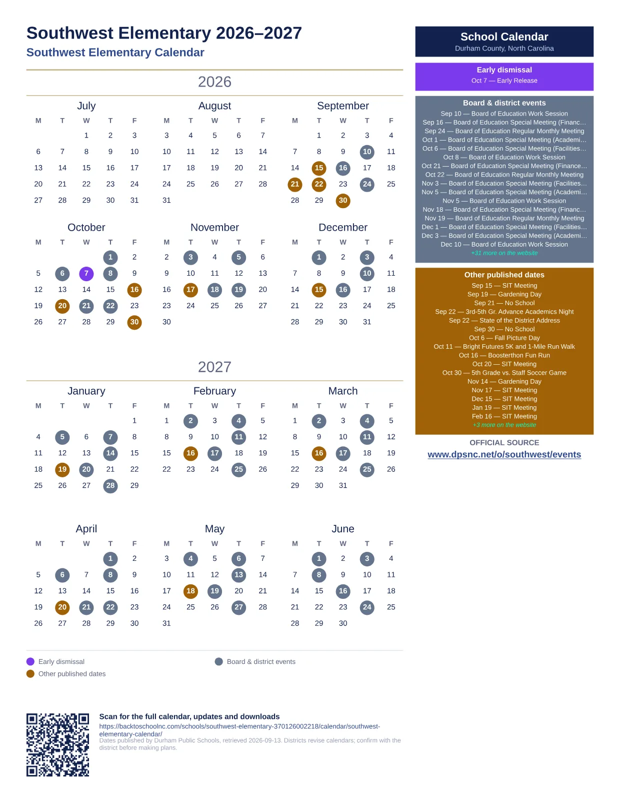 Southwest Elementary  printable calendar