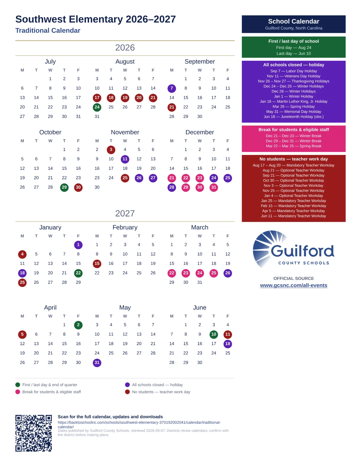 Southwest Elementary 2026–2027 printable calendar