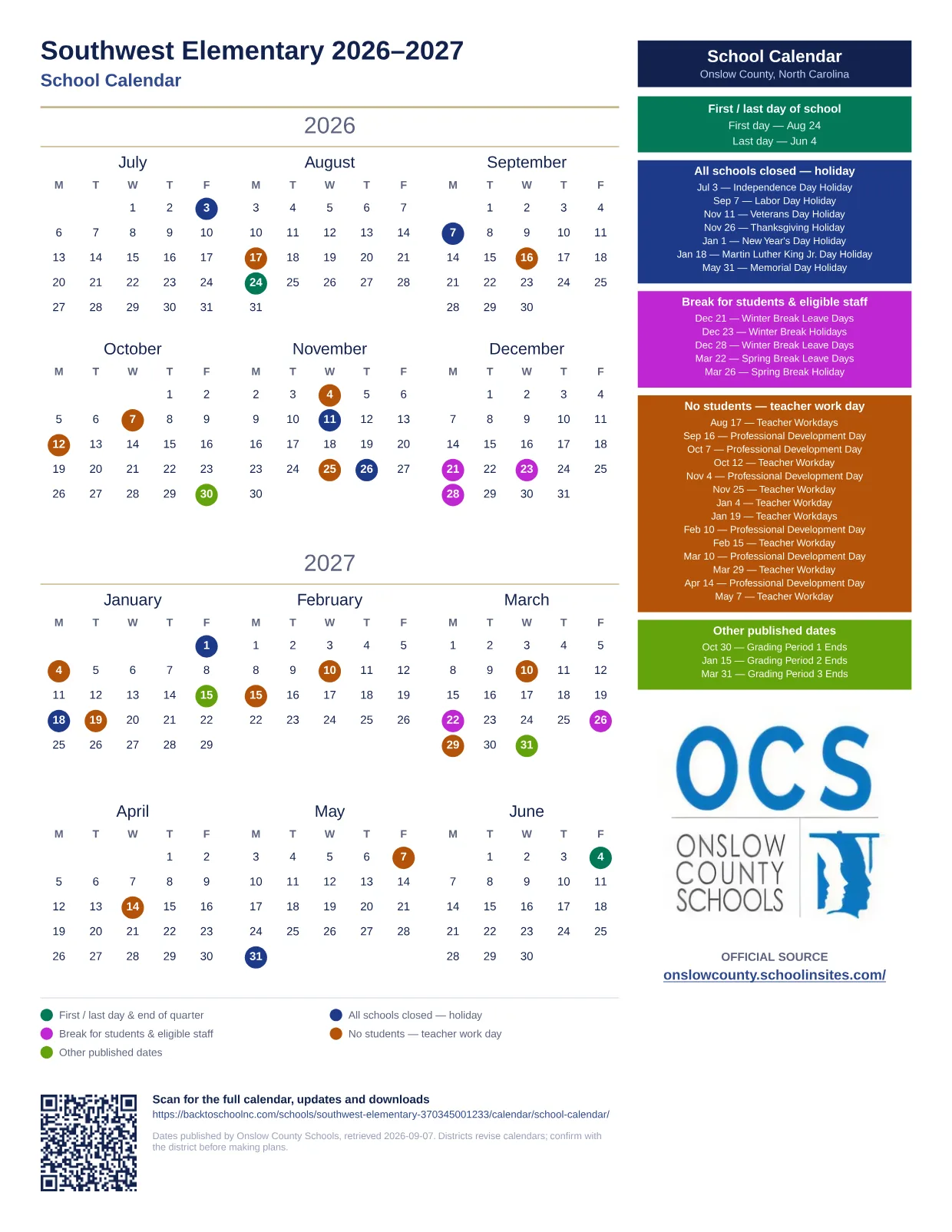 Southwest Elementary 2026–2027 printable calendar