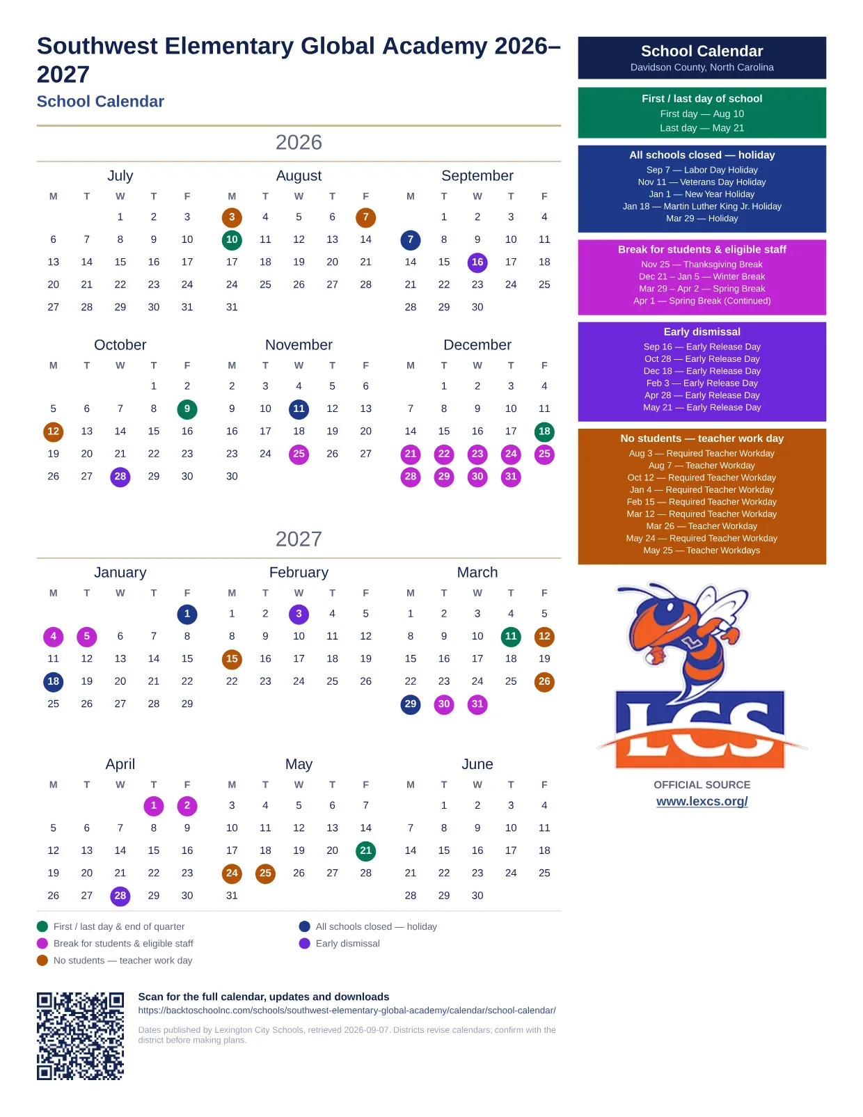 Southwest Elementary Global Academy 2026–2027 printable calendar