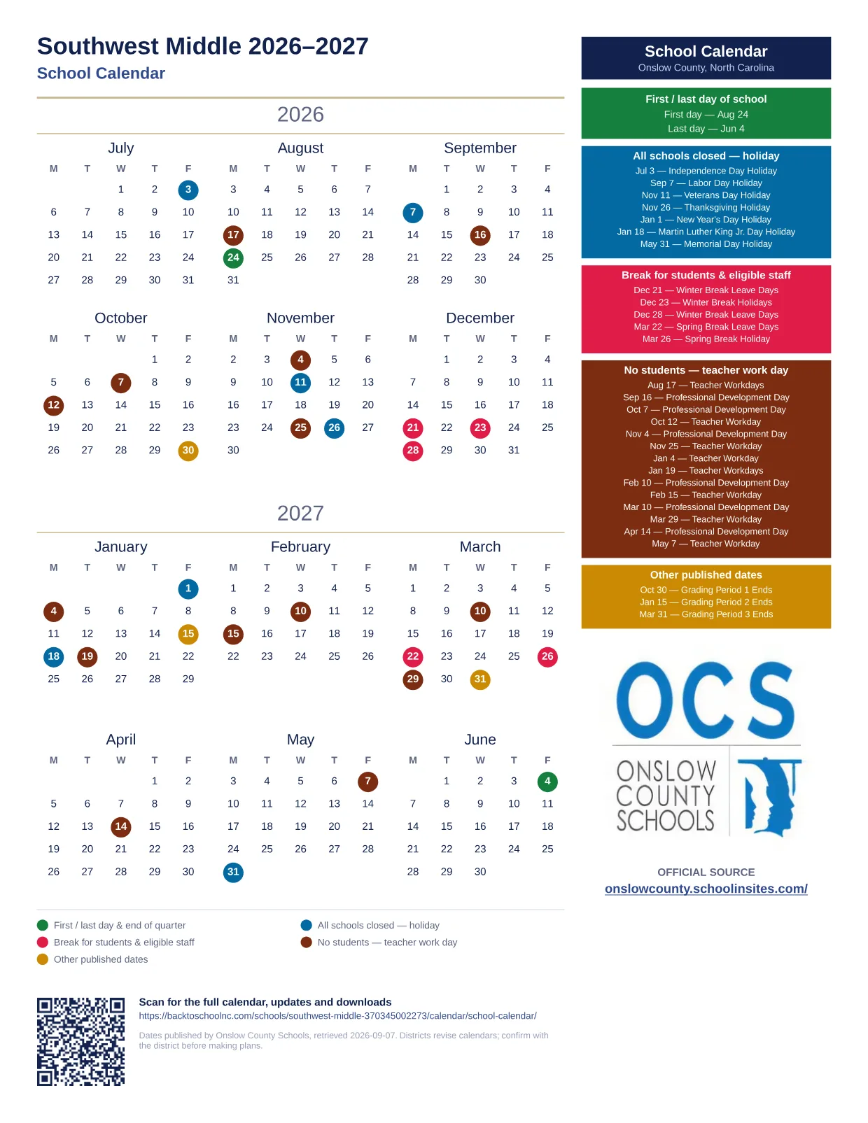 Southwest Middle 2026–2027 printable calendar