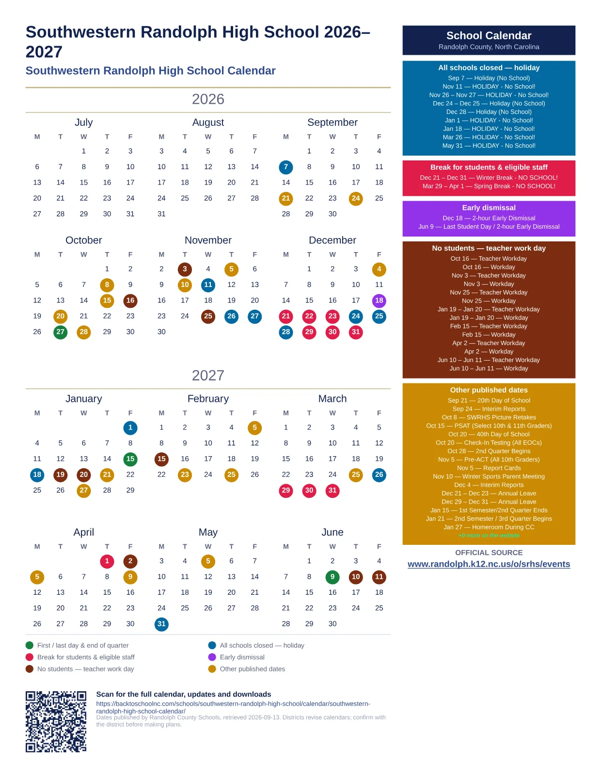 Southwestern Randolph High School  printable calendar