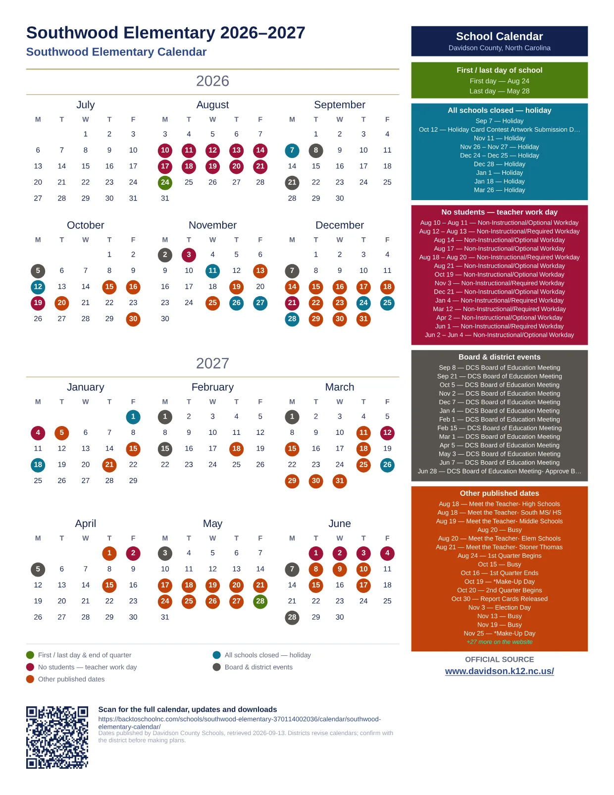 Southwood Elementary 2026–2027 printable calendar