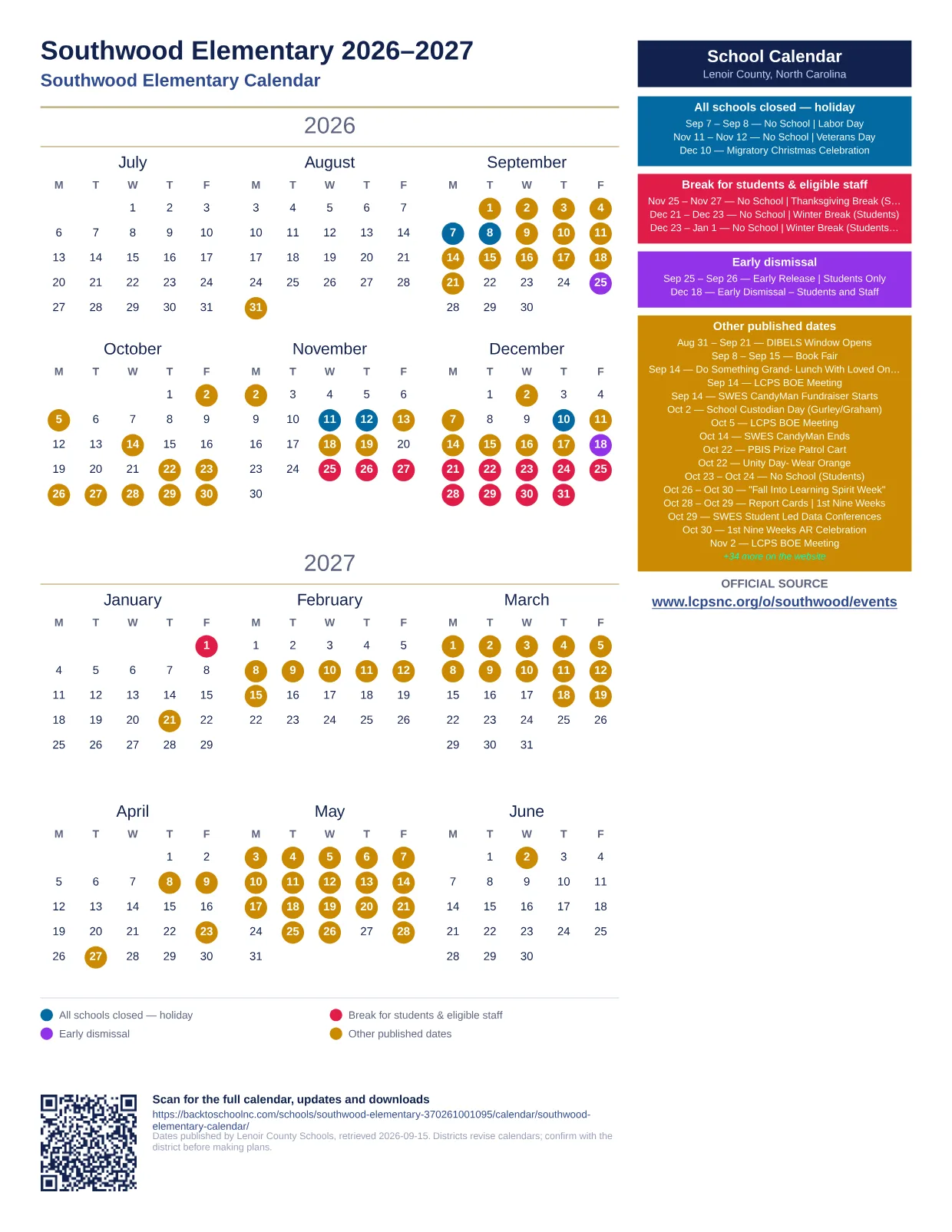 Southwood Elementary  printable calendar