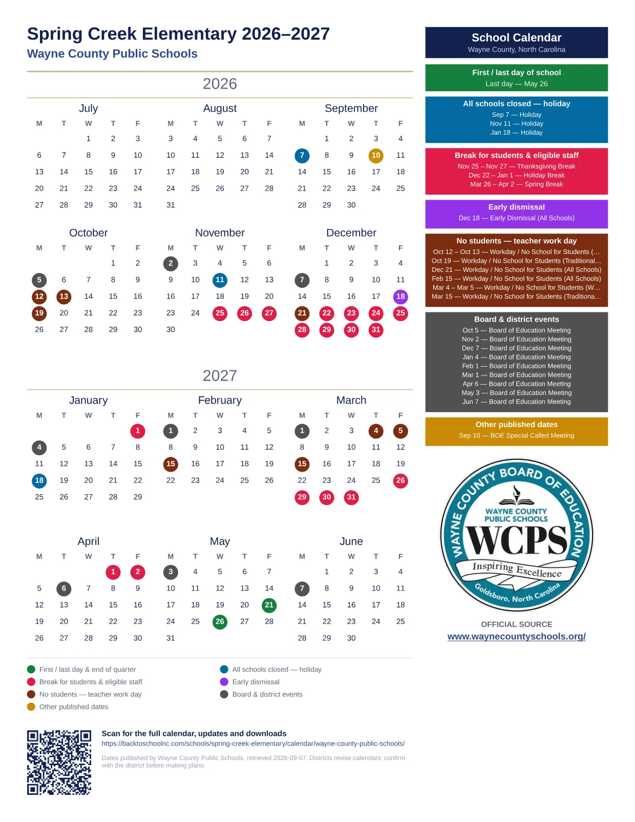 Spring Creek Elementary printable calendar