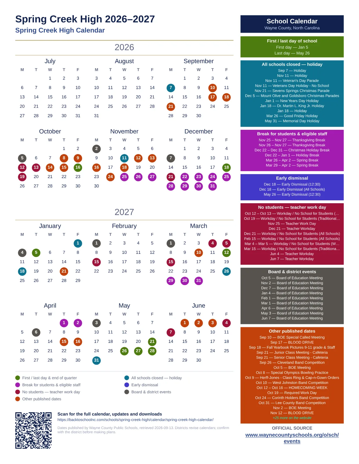 Spring Creek High printable calendar