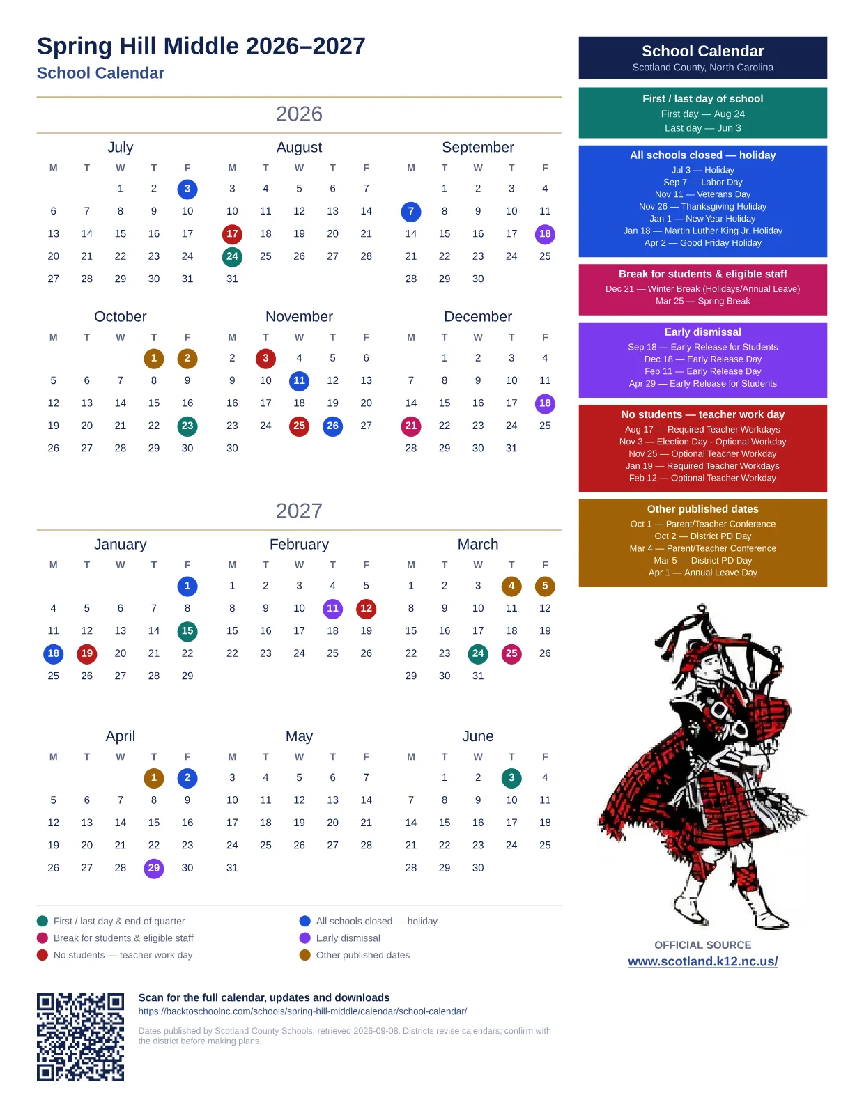 Spring Hill Middle 2026–2027 printable calendar