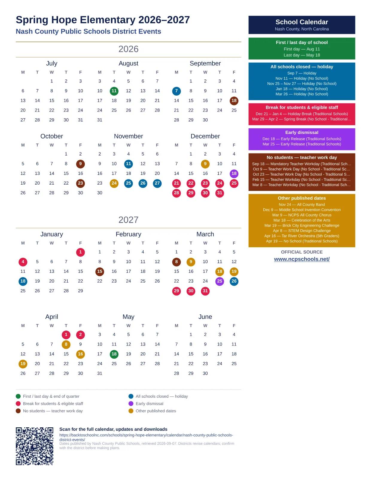 Spring Hope Elementary 2026–2027 printable calendar