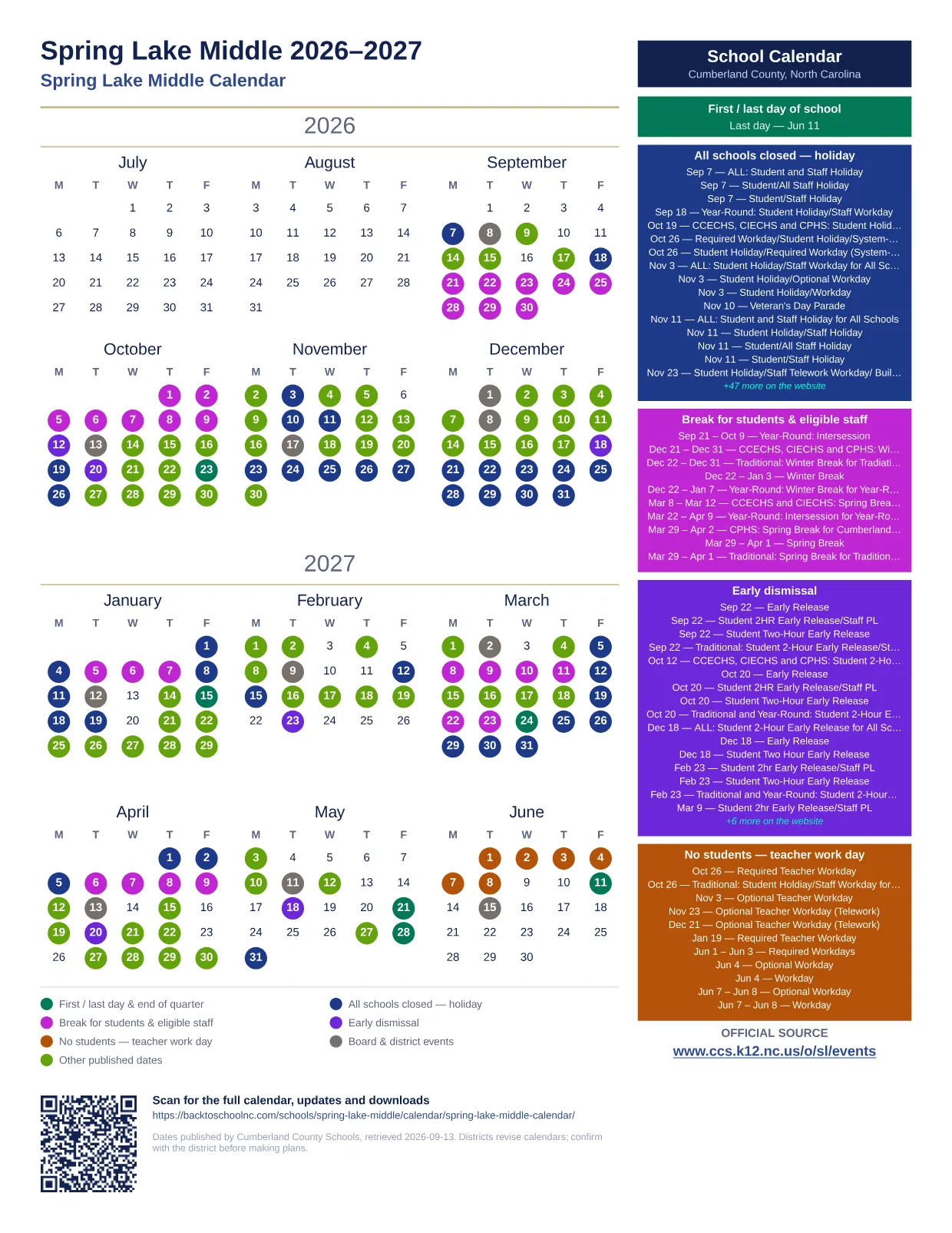 Spring Lake Middle printable calendar