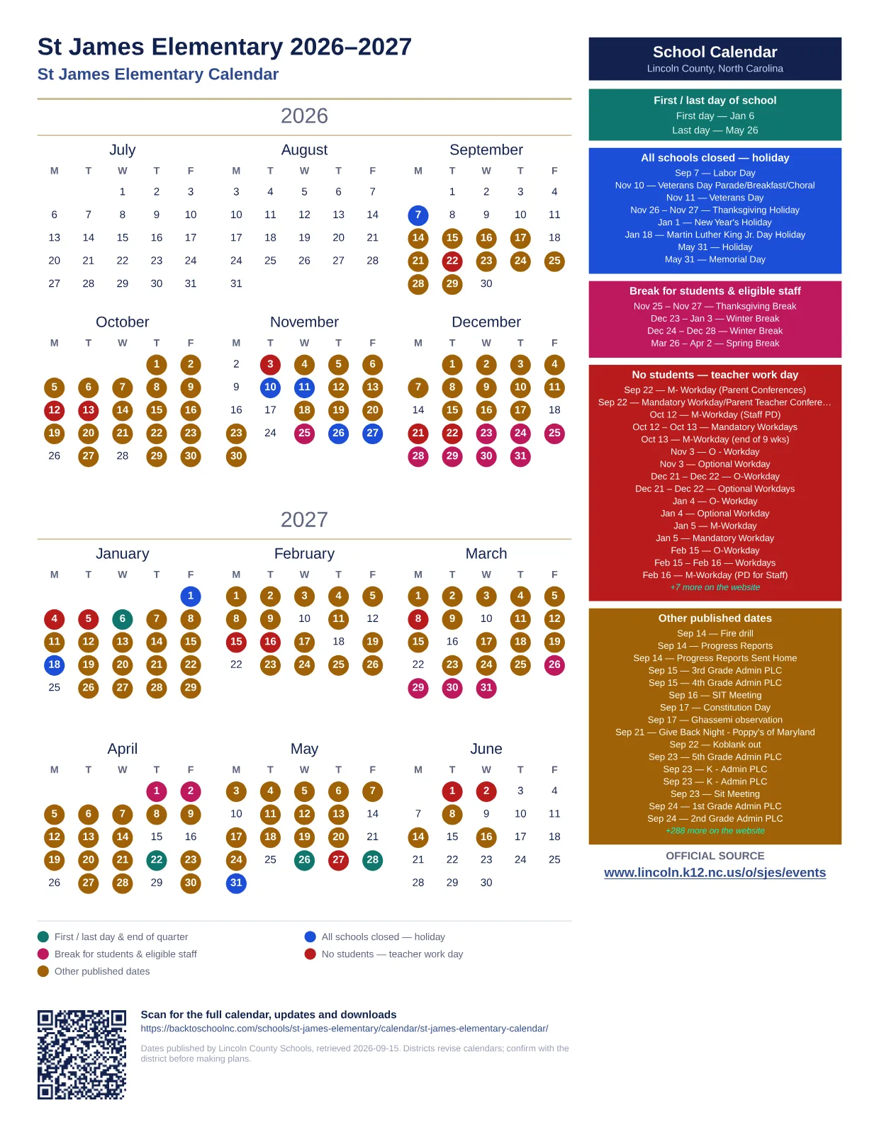 St James Elementary 2027–2028 printable calendar