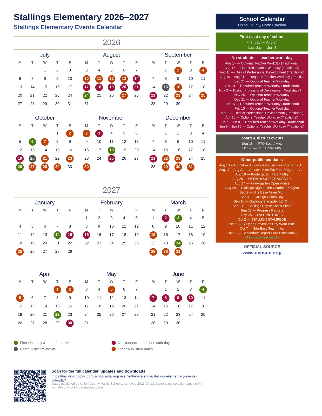 Stallings Elementary 2026–2027 printable calendar