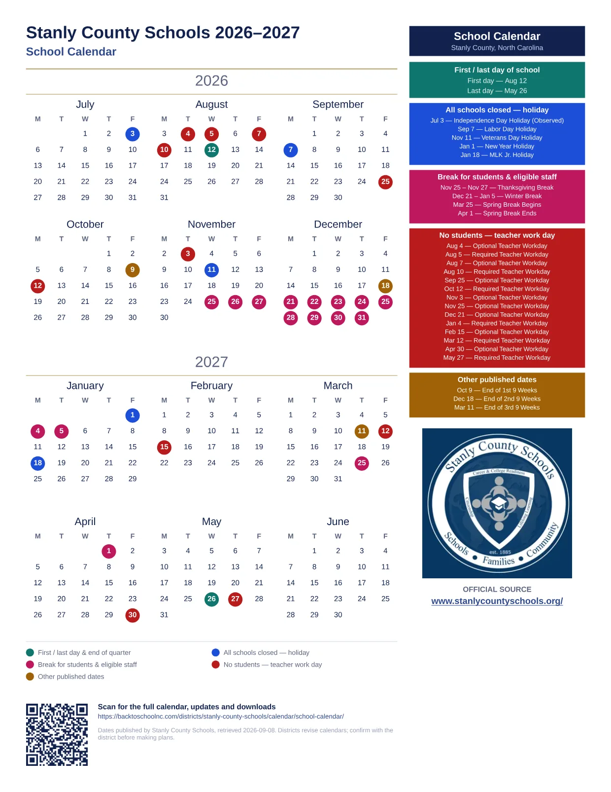Stanly County Schools School Calendar 2026–2027 printable calendar