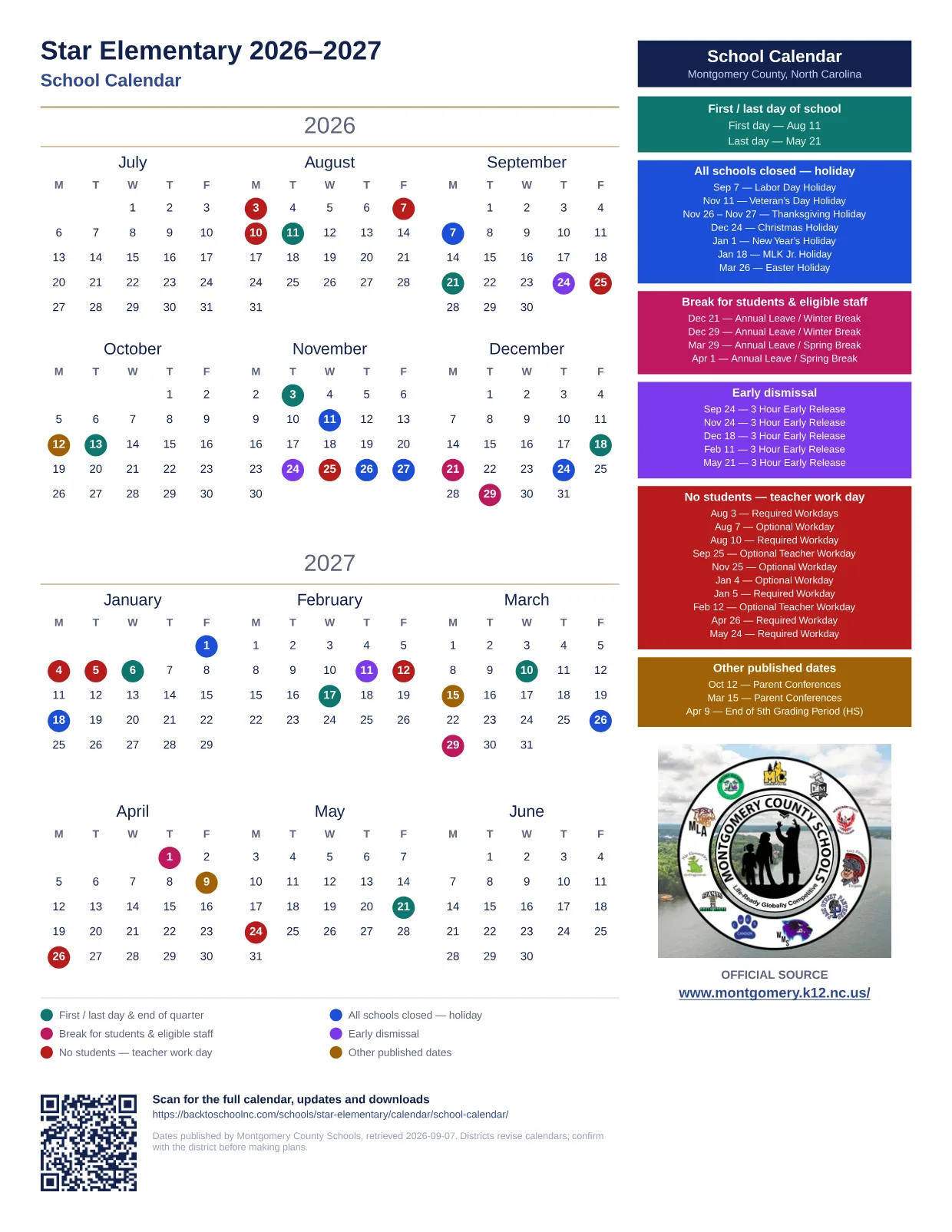 Star Elementary 2026–2027 printable calendar