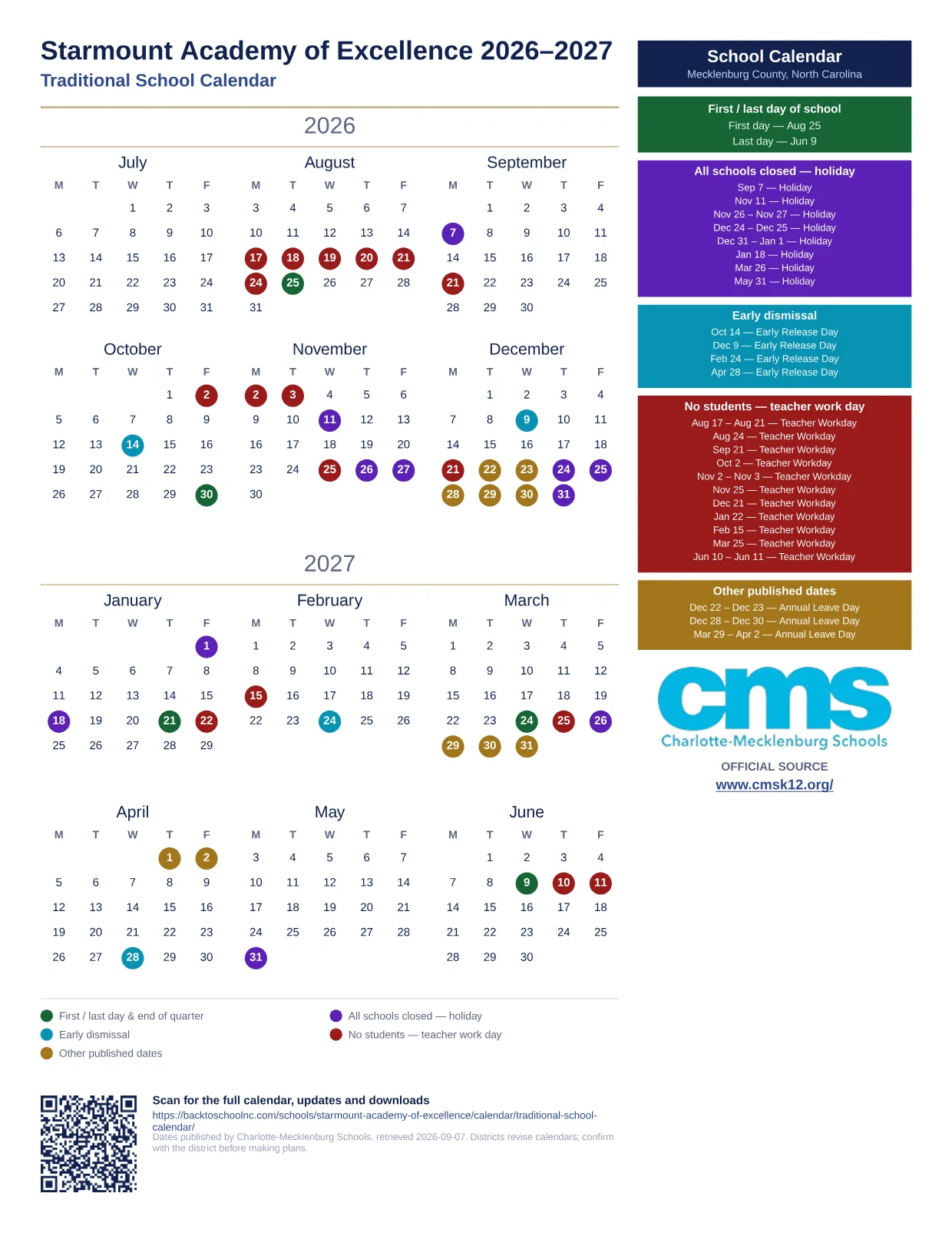 Starmount Academy of Excellence 2026–2027 printable calendar