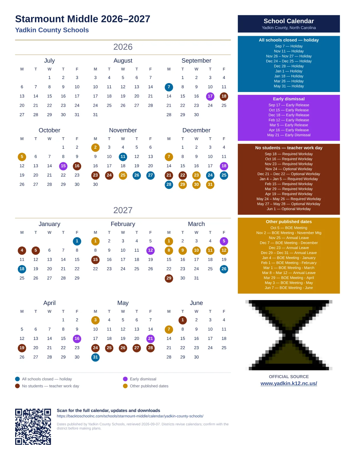 Starmount Middle printable calendar