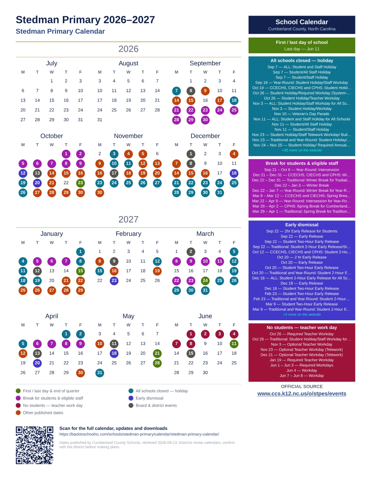 Stedman Primary printable calendar