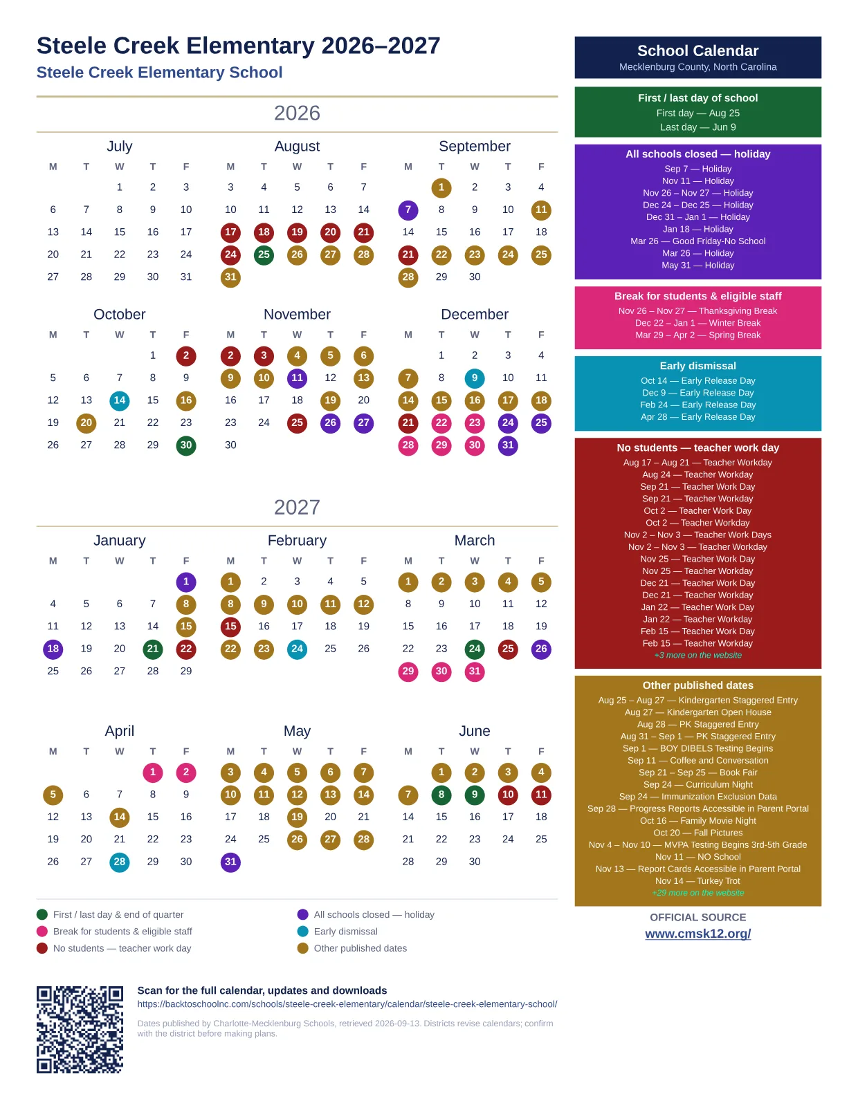 Steele Creek Elementary 2026–2027 printable calendar