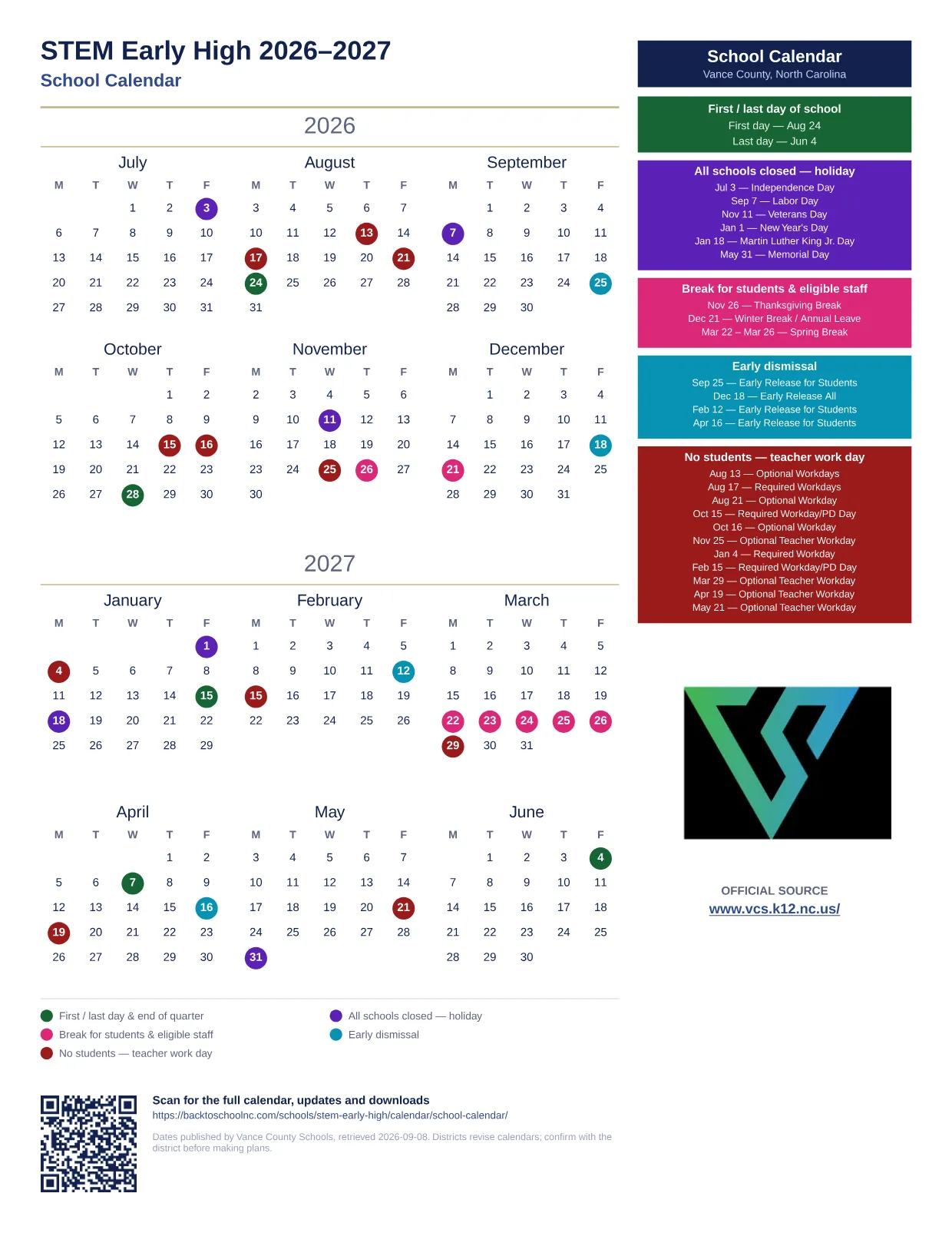 STEM Early High 2026–2027 printable calendar