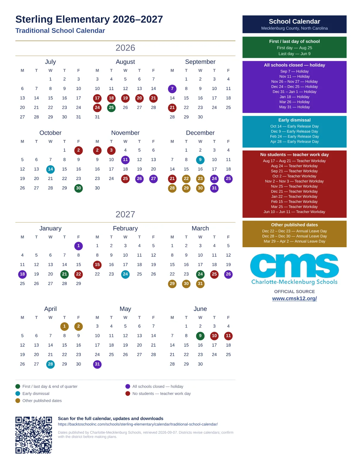 Sterling Elementary 2026–2027 printable calendar