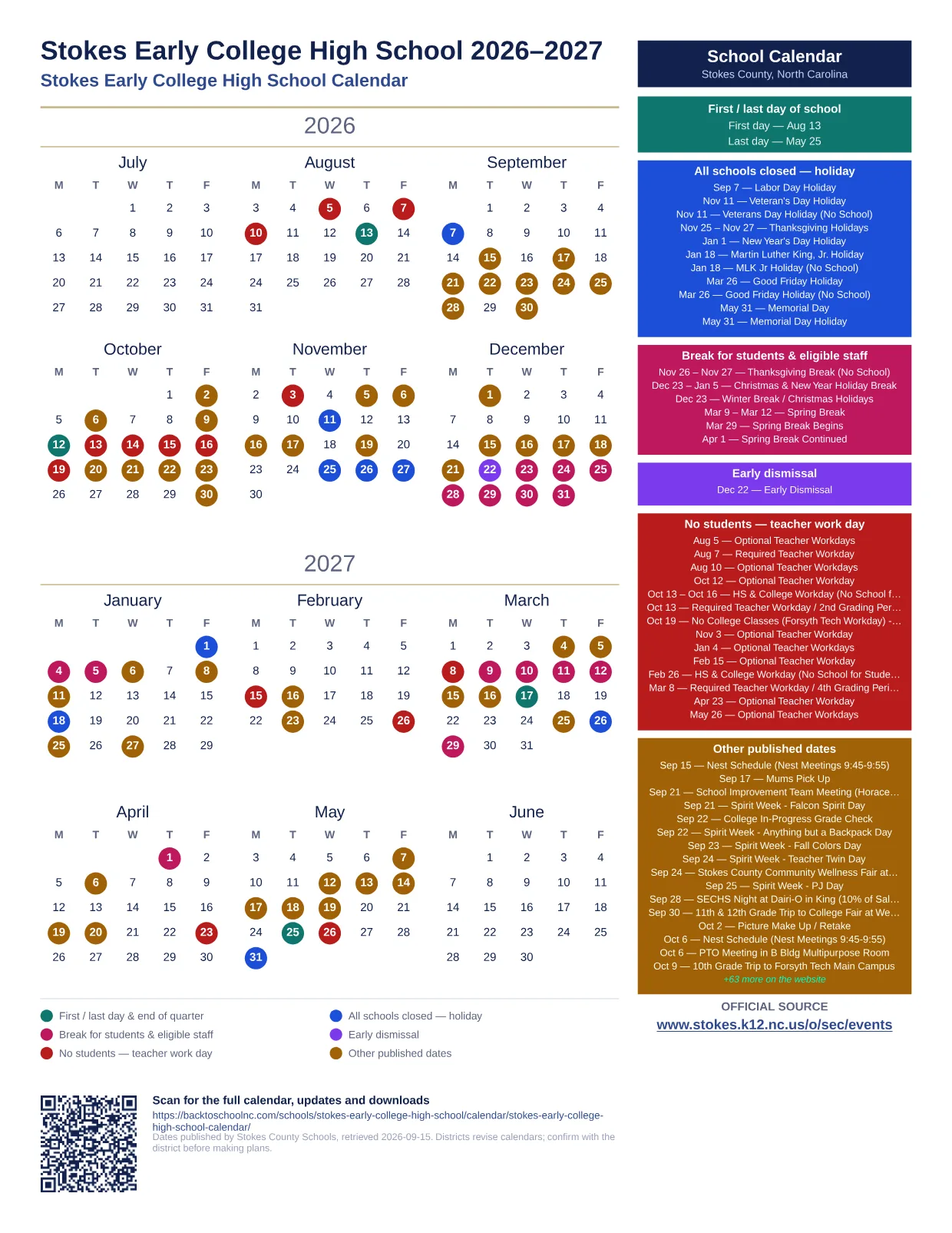 Stokes Early College High School 2026–2027 printable calendar