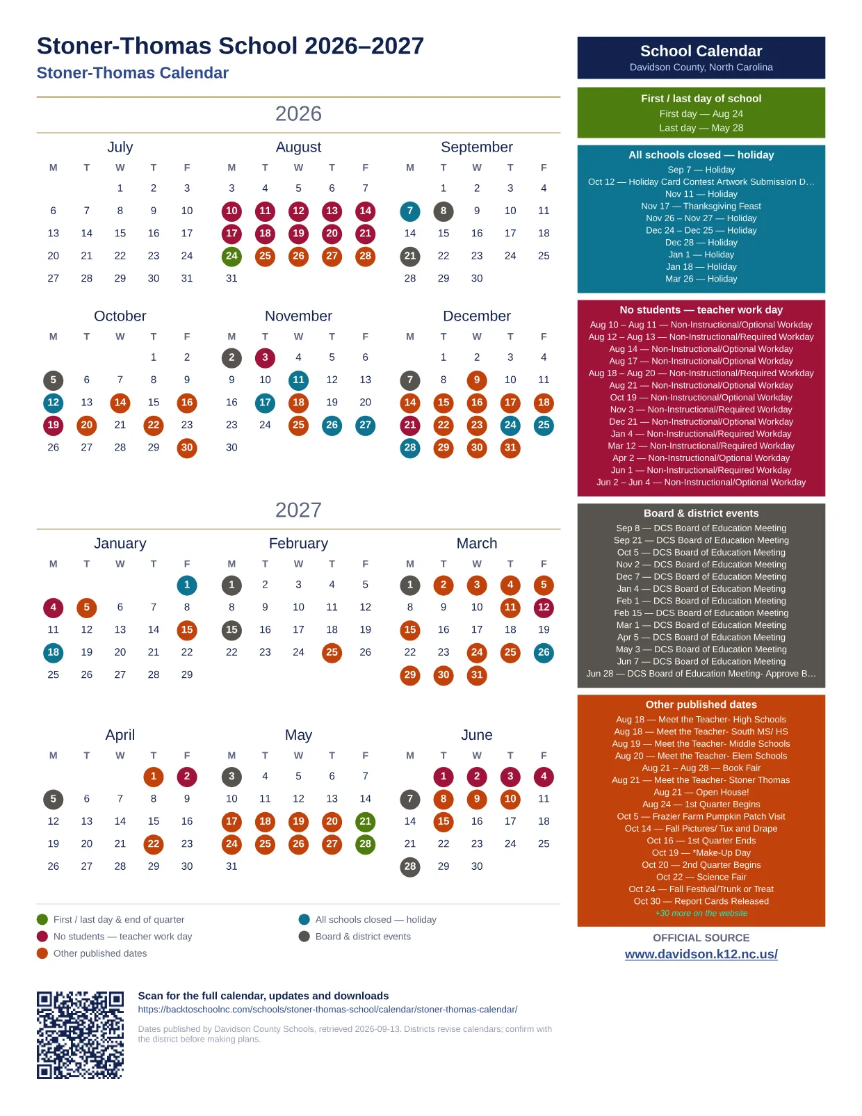 Stoner-Thomas School 2026–2027 printable calendar