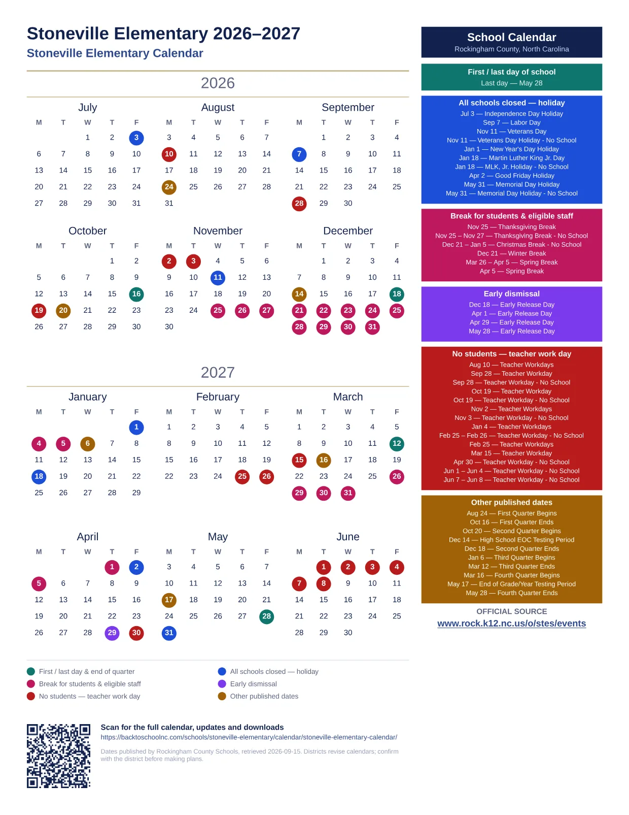 Stoneville Elementary printable calendar